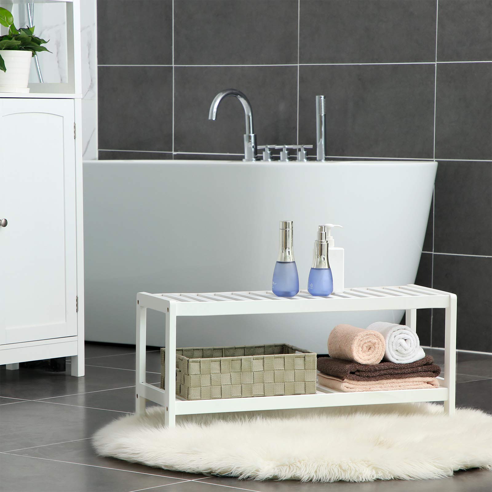 SONGMICS 2 Tier Bamboo Shoe Rack Bench - White Finish | 70 x 26 x 33 cm | 10kg Capacity per Shelf 4