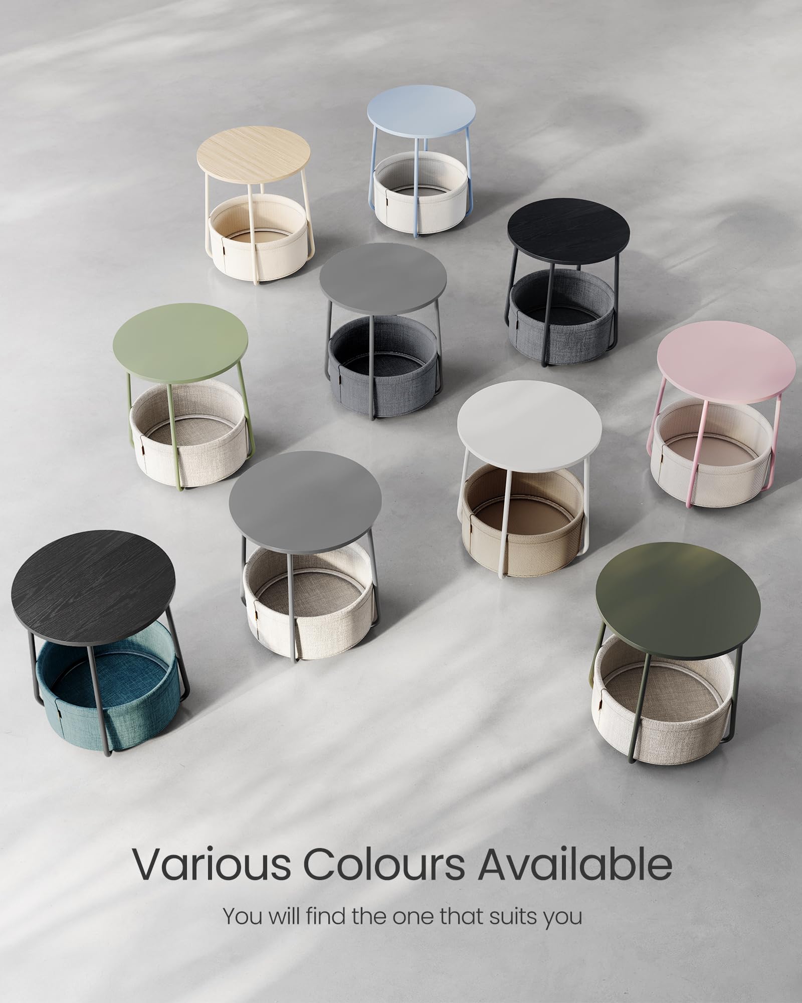 VASAGLE Round End Table - 45 cm Dia. Side Table with Beige Fabric Basket | Matte White Steel Frame 7