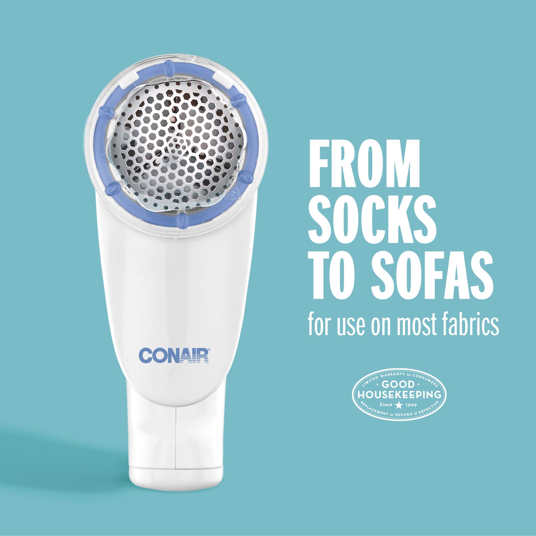 Conair Fabric Shaver - Battery Operated | Large 2" Head | 3 Depth Settings | White/Blue 6