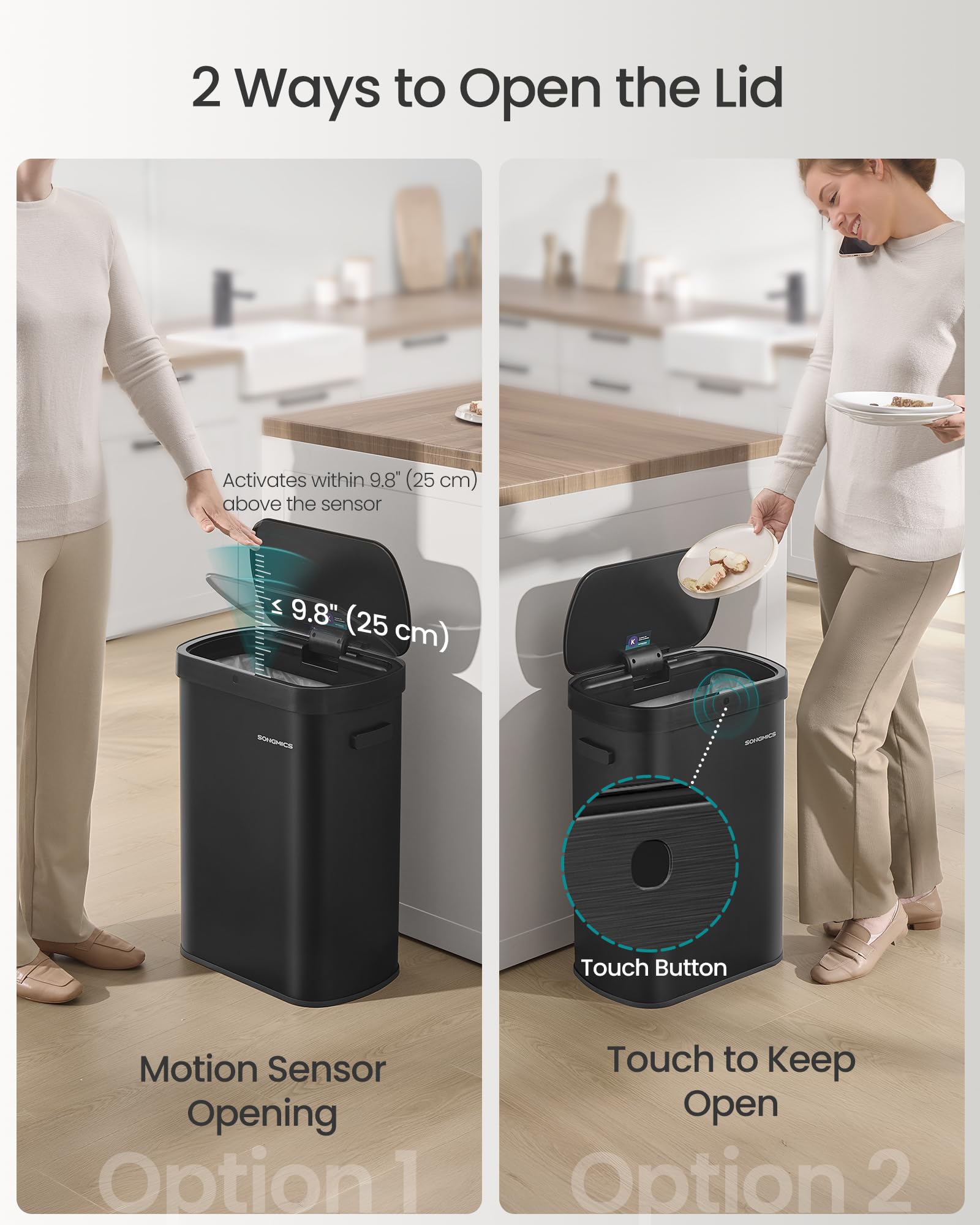 SONGMICS Automatic Kitchen Bin - 50 L Capacity | Motion Sensor | Ink Black Steel 4