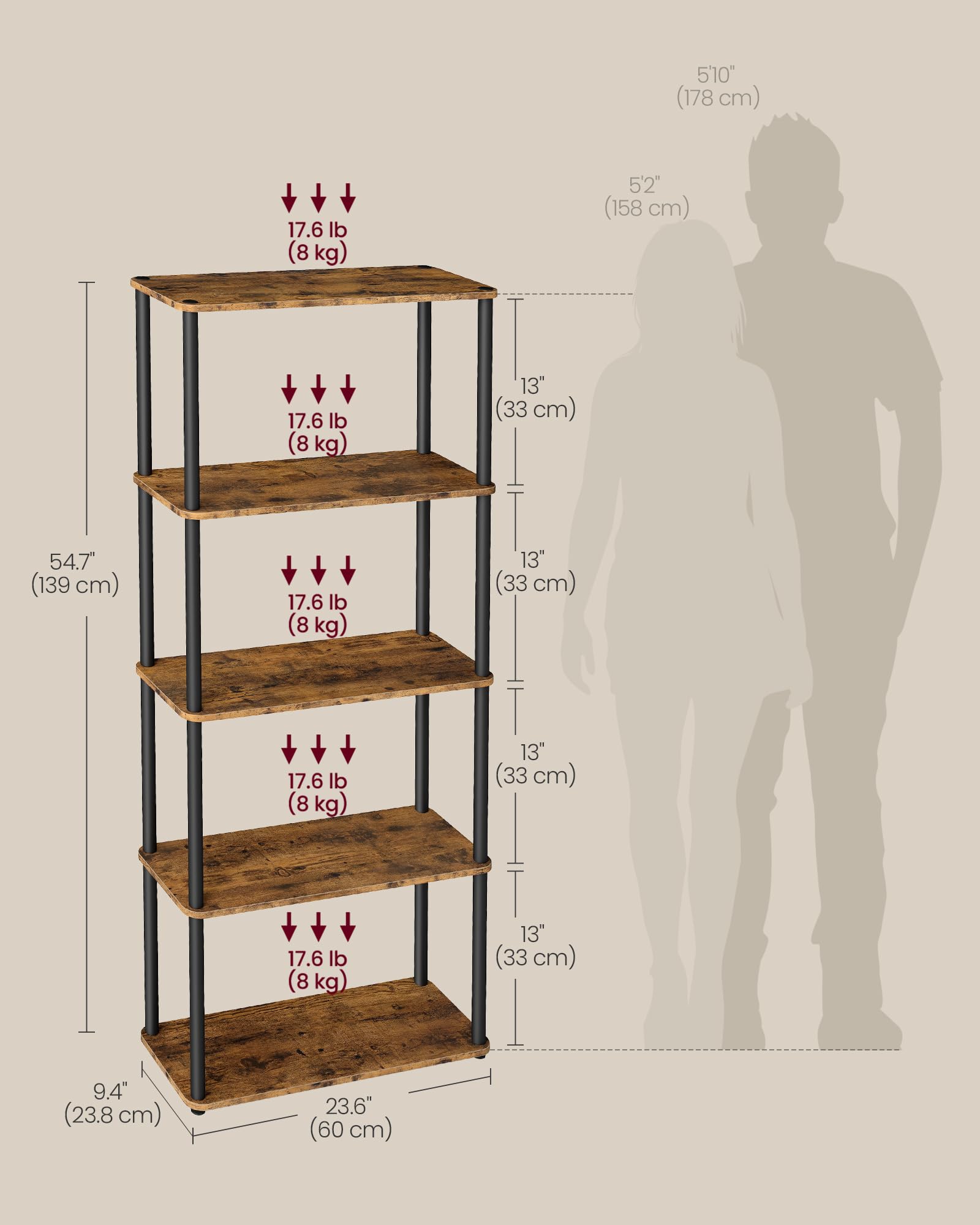 VASAGLE 5-Tier Standing Shelf Unit - Toolless Assembly | 40kg Capacity | Vintage Brown Ink Black 3