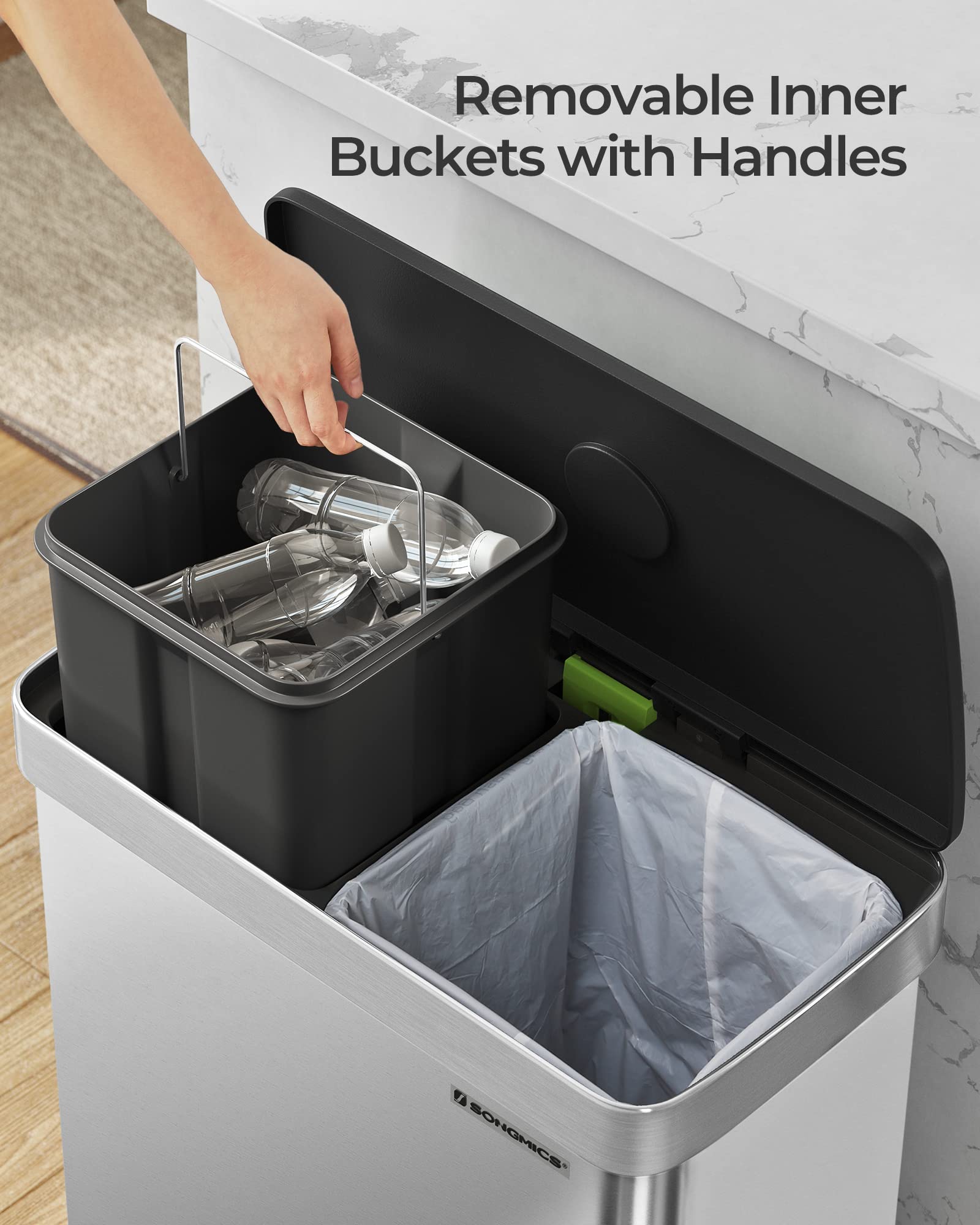 SONGMICS Kitchen Waste Separation System - 2 x 30L Compartments | Stainless Steel Pedal Bin 3