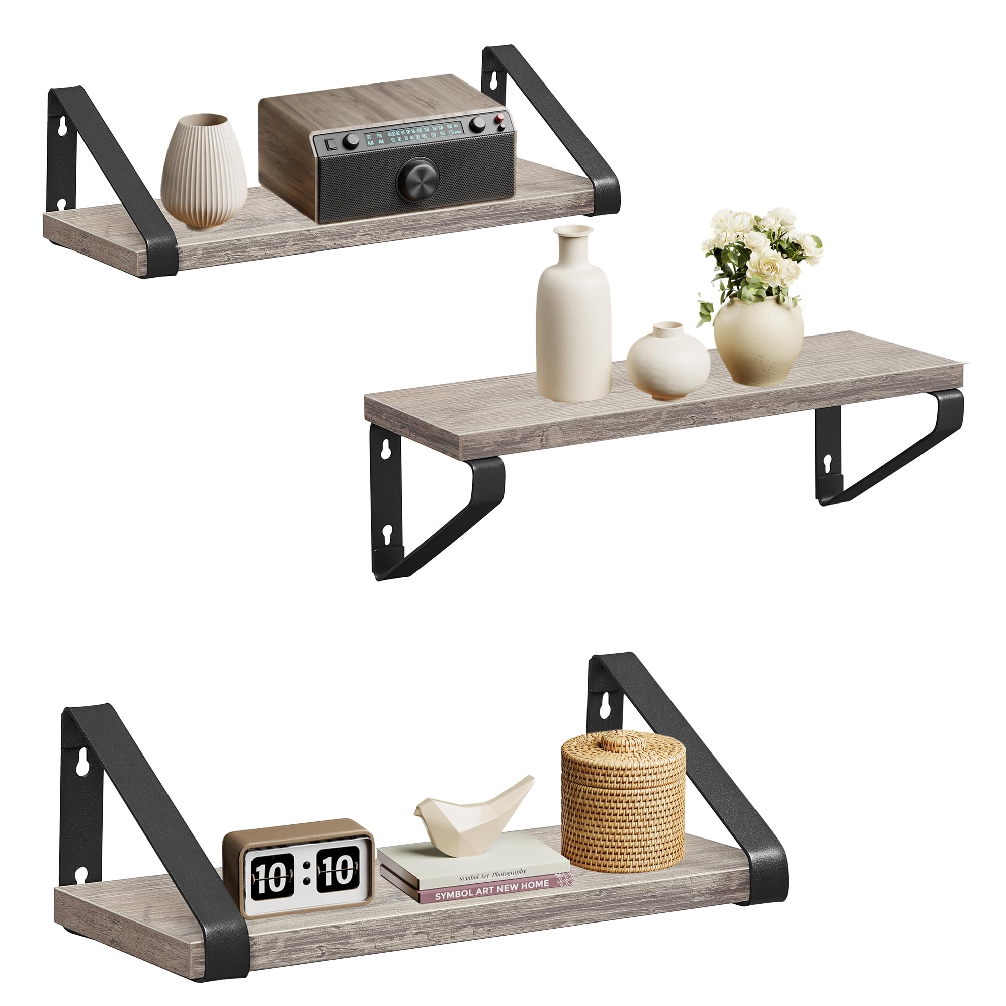 VASAGLE Floating Wall Shelves - Set of 3 Display Shelves | Heather Greige & Matte Black | Max 10 kg Capacity Each 1