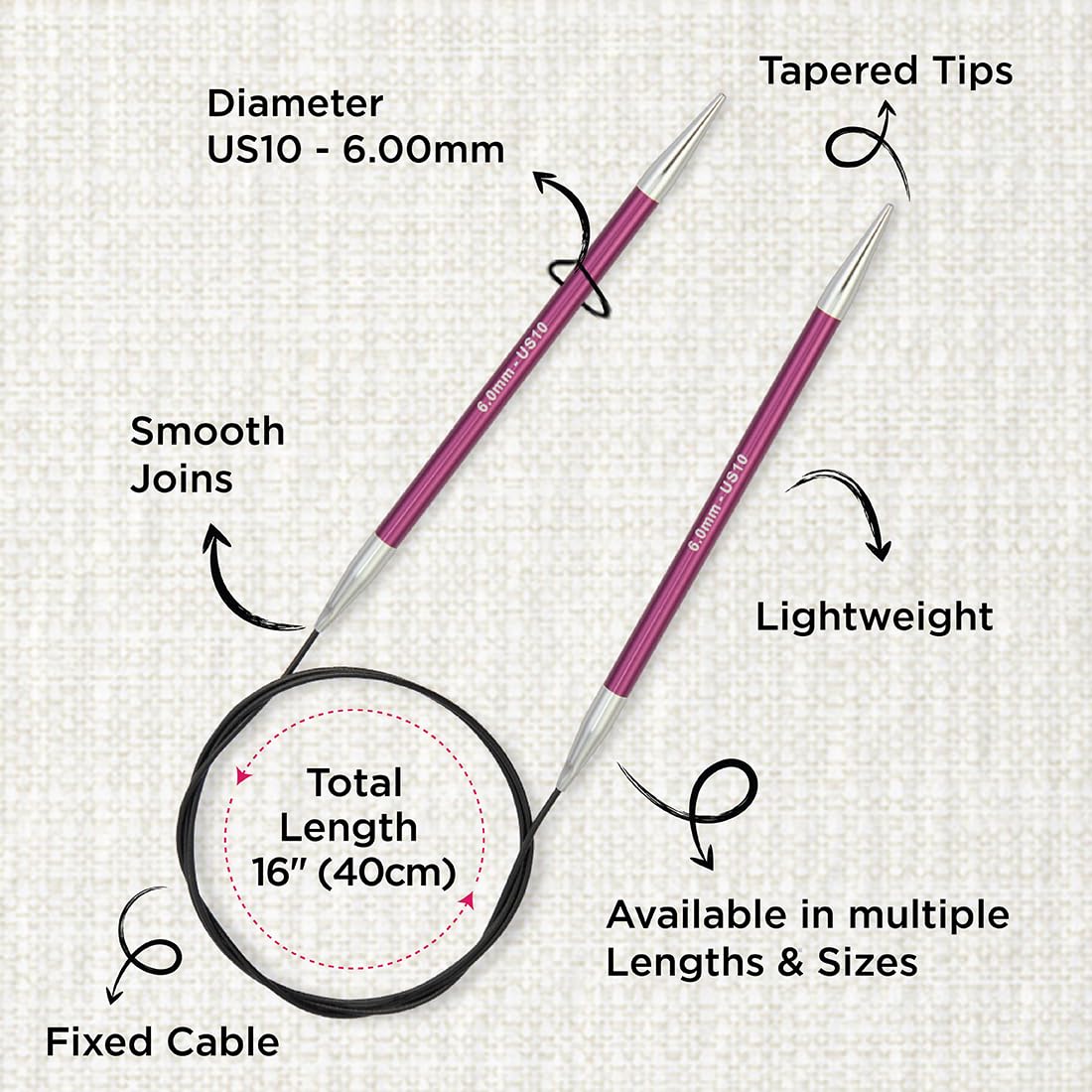 KnitPro Zing Fixed Circular Knitting Needles - 6.00mm | 40cm Length | Lightweight Aluminium 3