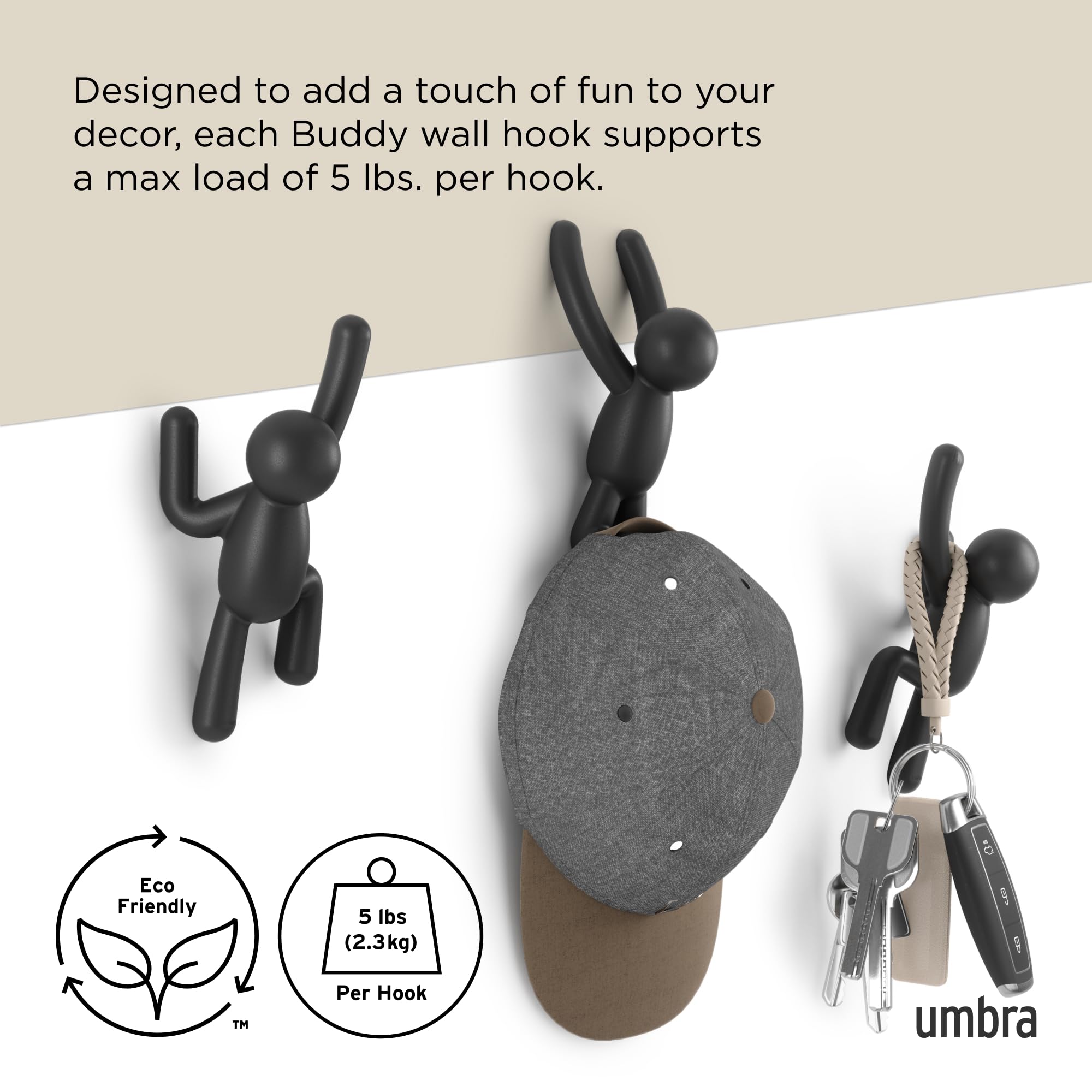 Umbra Buddy Wall Hooks - Decorative Coat Hooks for Coats, Scarves, Bags | Set of 3, Black 5