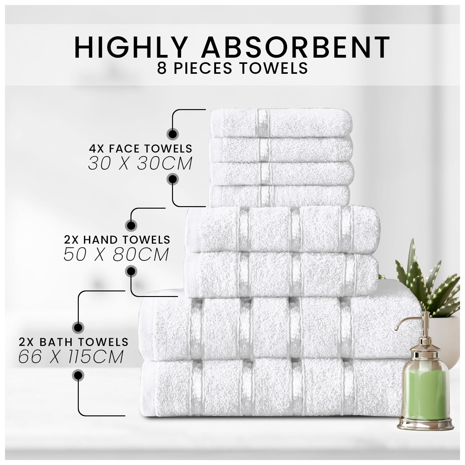 GC GAVENO CAVAILIA 8 Piece White Towel Set | 450 GSM | 100% Cotton | Quick Dry 2