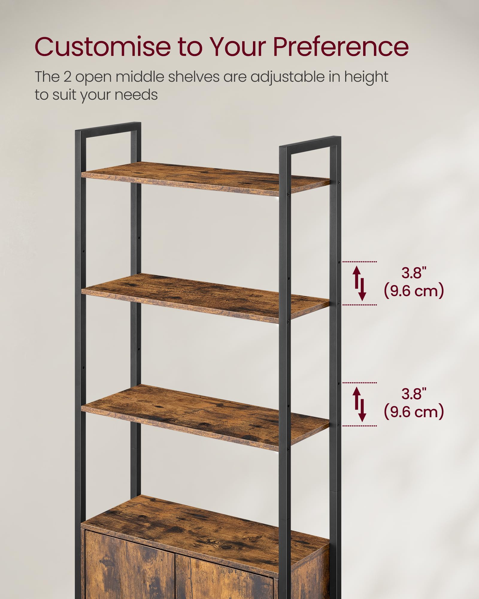 VASAGLE 6-Tier Bookcase - Metal Frame, Rustic Brown & Ink Black | 159.5cm Tall 7