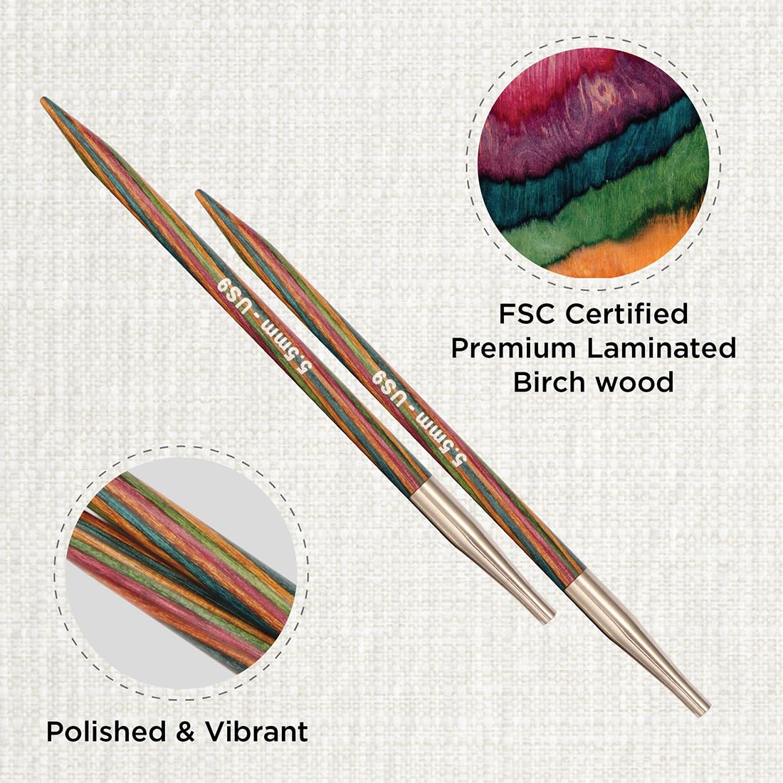 KnitPro Symfonie Interchangeable Circular Knitting Needles - 5.5 mm | Birch Wood | Multicolour 2