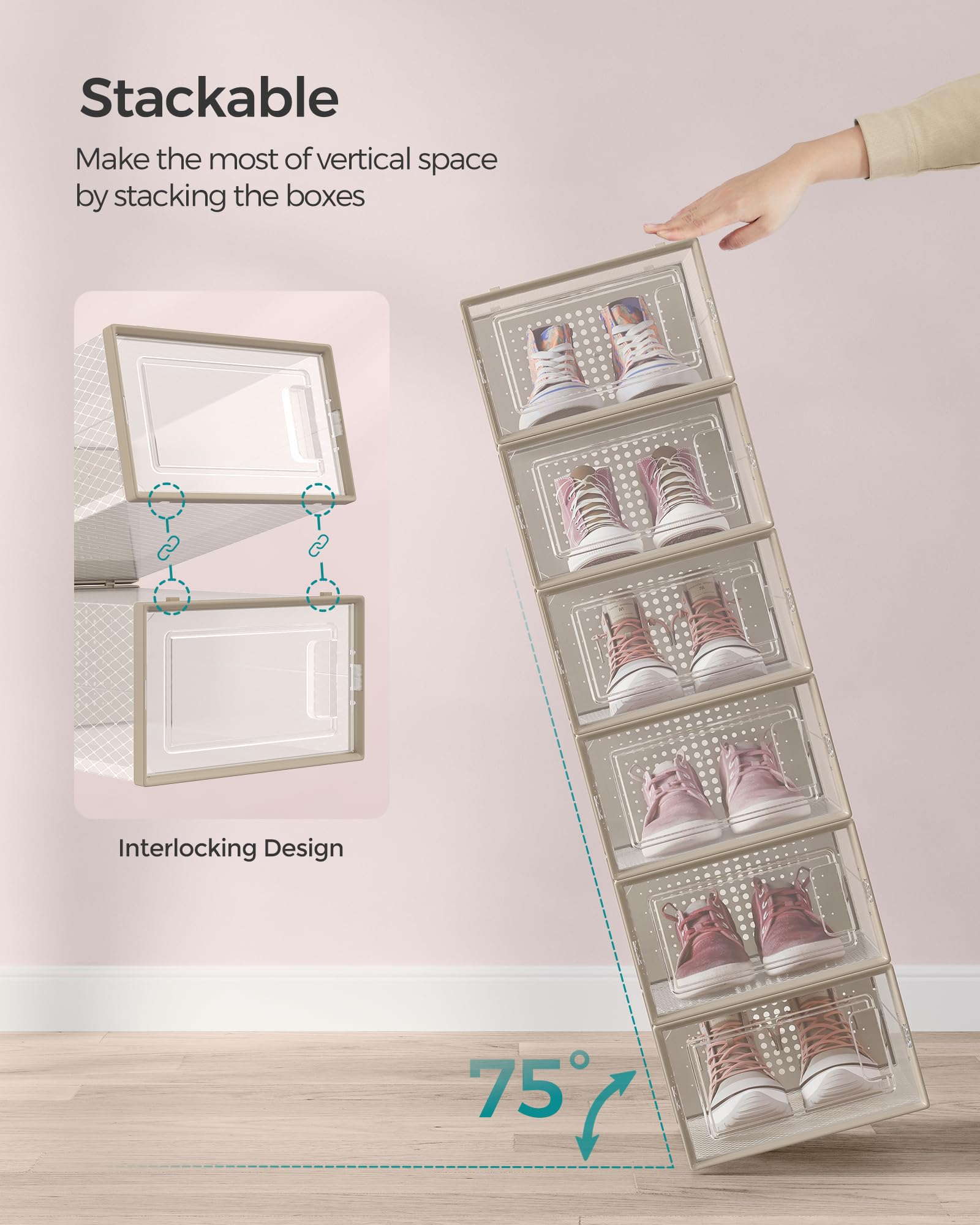 SONGMICS Shoe Boxes - Pack of 18 Stackable Organisers, Foldable, Transparent Body | Fits UK Size 9.5 4