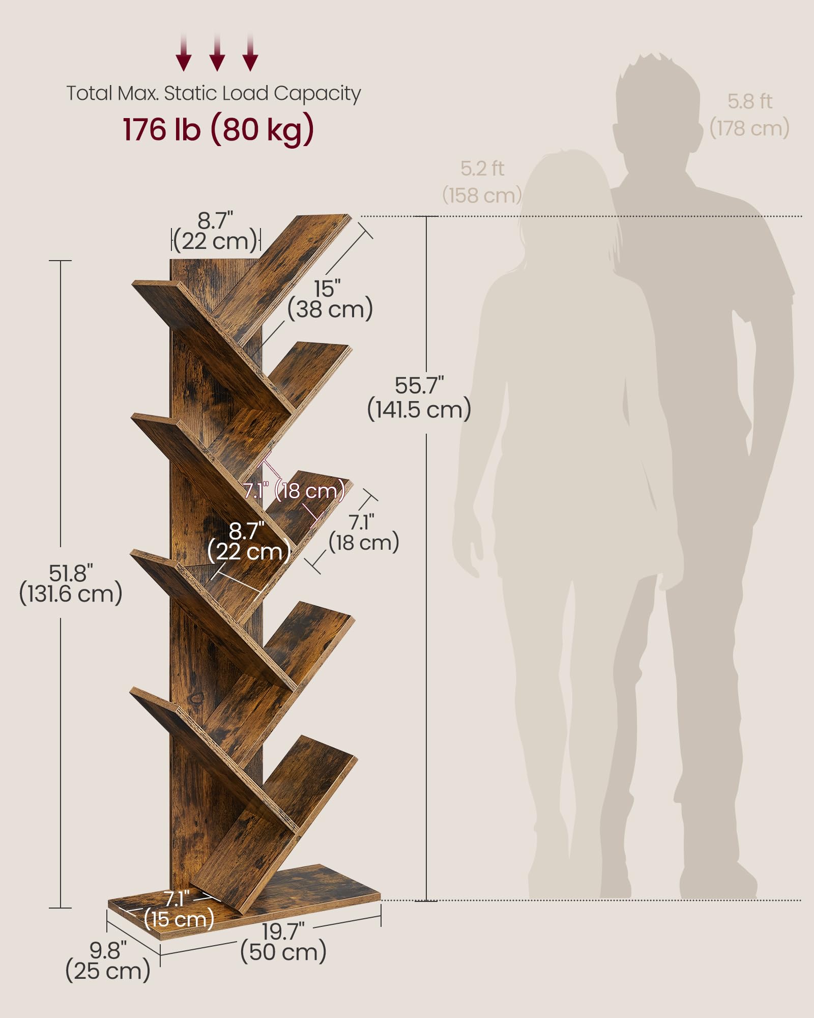 VASAGLE Tree Bookshelf - 9-Tier Corner Storage | Rustic Brown | Space-Saving Design 3