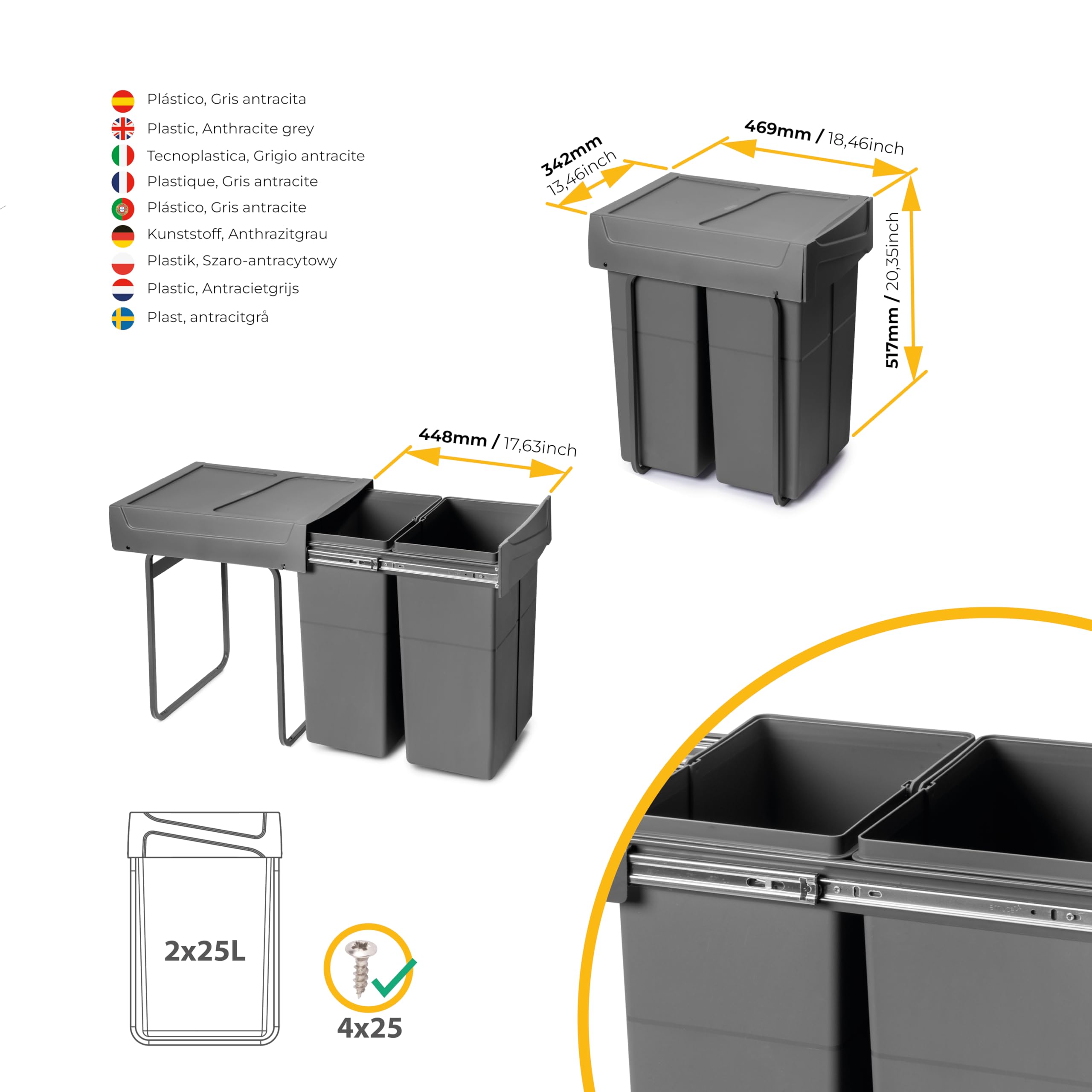 Emuca Kitchen Recycling Bin - Bottom Fixing, Manual Pull-Out | 2x25L Capacity | Anthracite Grey 5