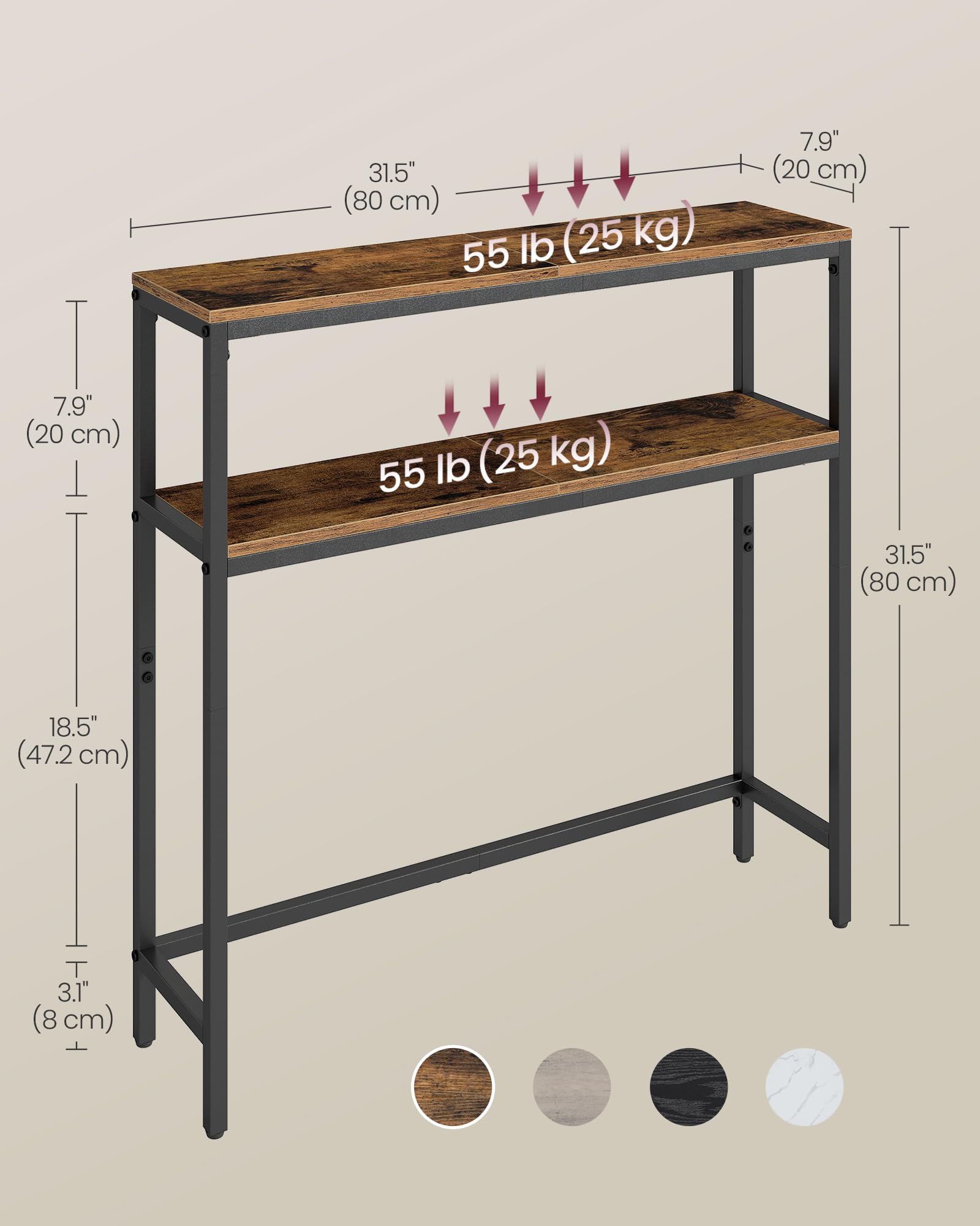 VASAGLE Console Table - 2-Tier Slim Sofa Table | 80 x 80 x 20 cm | Rustic Brown/Ink Black 3