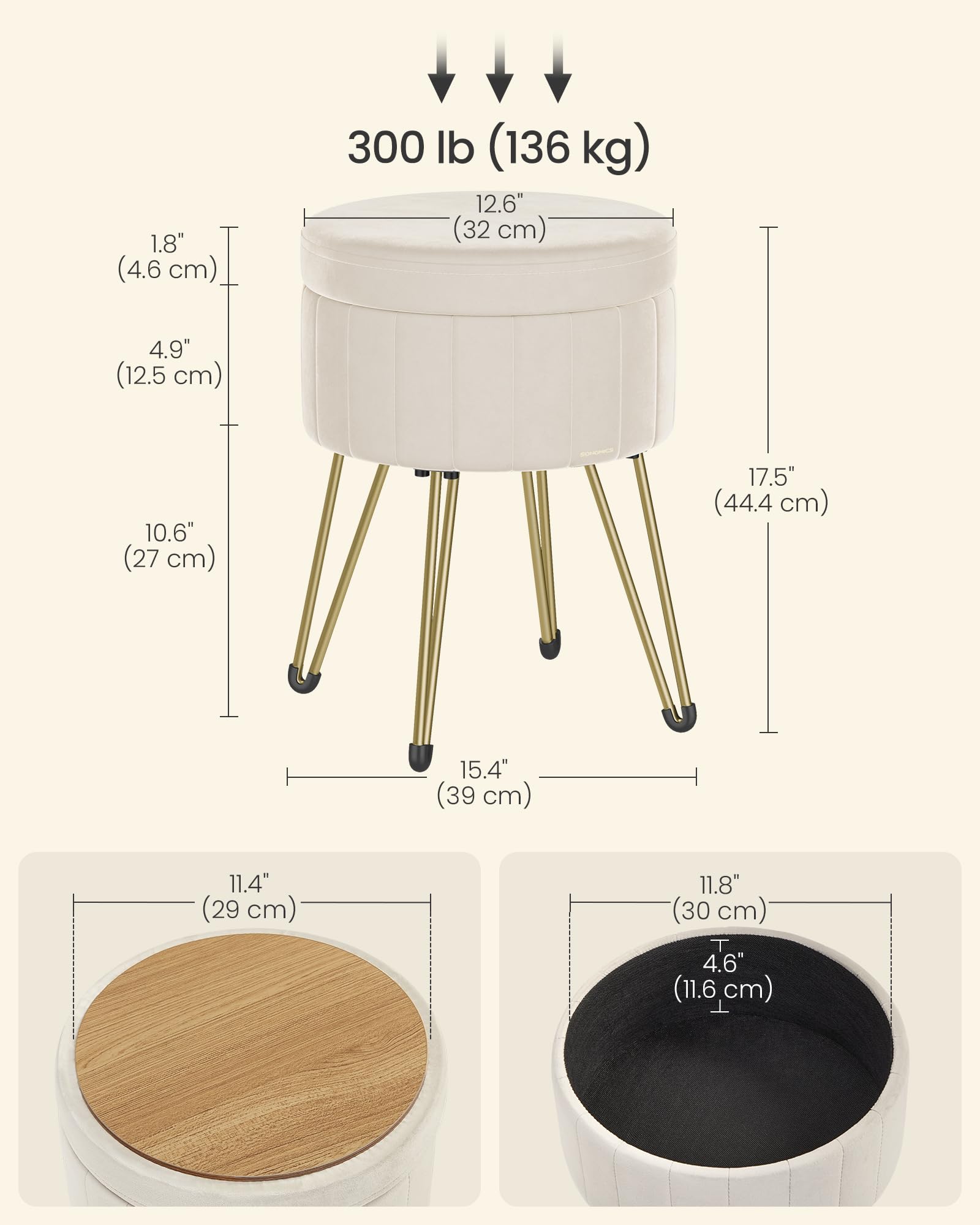 SONGMICS Storage Ottoman - Velvet Dressing Table Stool | 39 x 44.4 cm | Cloud White 2