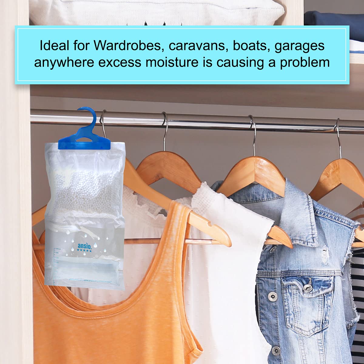 ANSIO Wardrobe Dehumidifier Disposable Hanging Bags - Pack of 6 | Absorbs Damp & Condensation 5