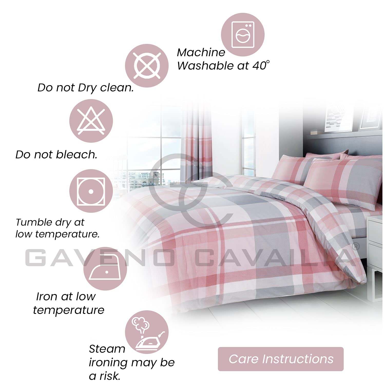 GC GAVENO CAVAILIA Easy Care Check Style King Duvet Cover Set with Pillowcases | Blush Pink | 50% Cotton/50% Poly 4