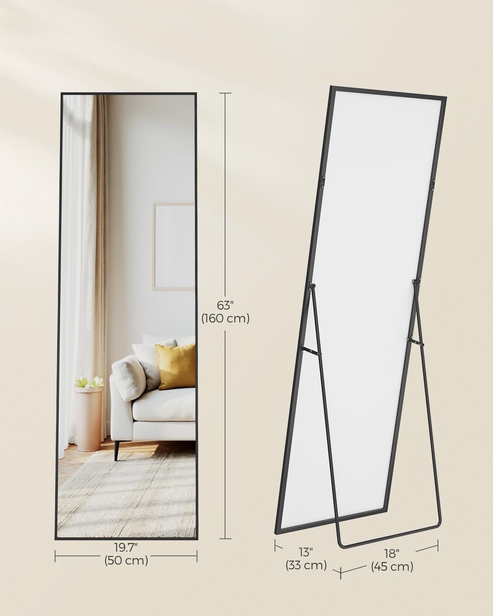 SONGMICS Full Length Floor Mirror - 160x50 cm | Freestanding or Wall-Mount | Matte Black Aluminium Frame 5
