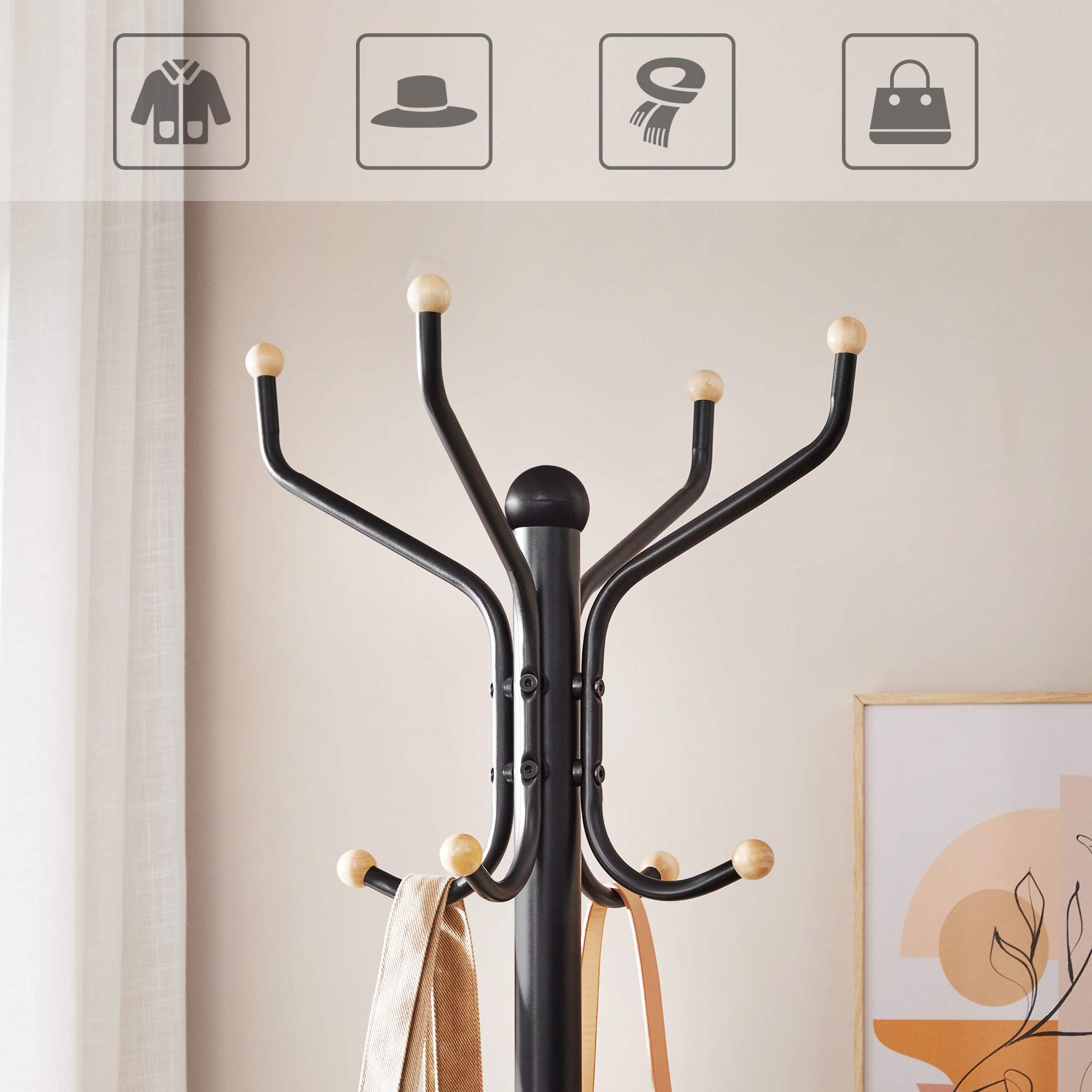 SONGMICS Metal Coat Rack Stand - Modern Tripod Style | 12 Hooks | Black Finish | 182cm Height 5