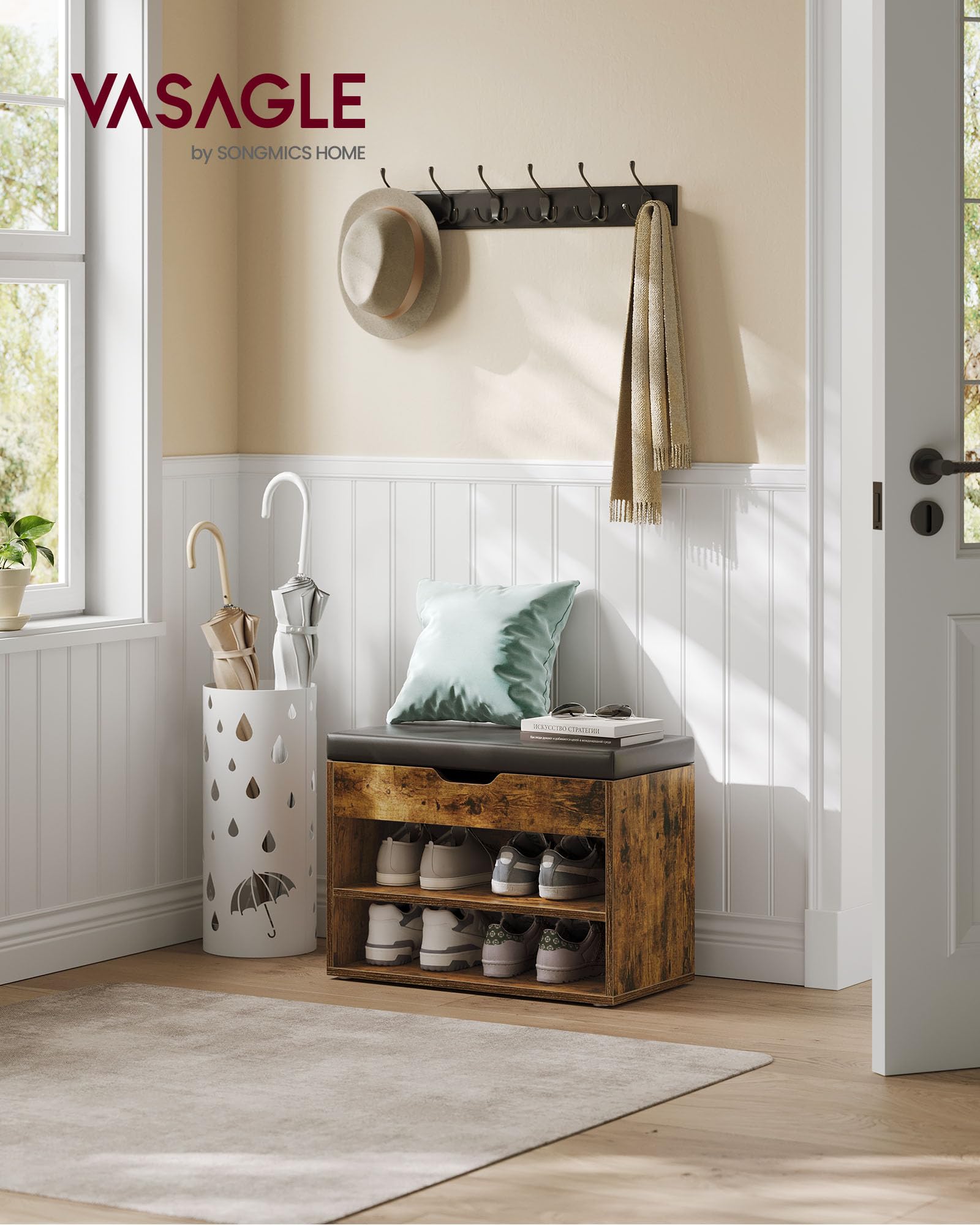 VASAGLE Storage Bench with Padded Seat | 30D x 60W x 44H cm | Rustic Brown