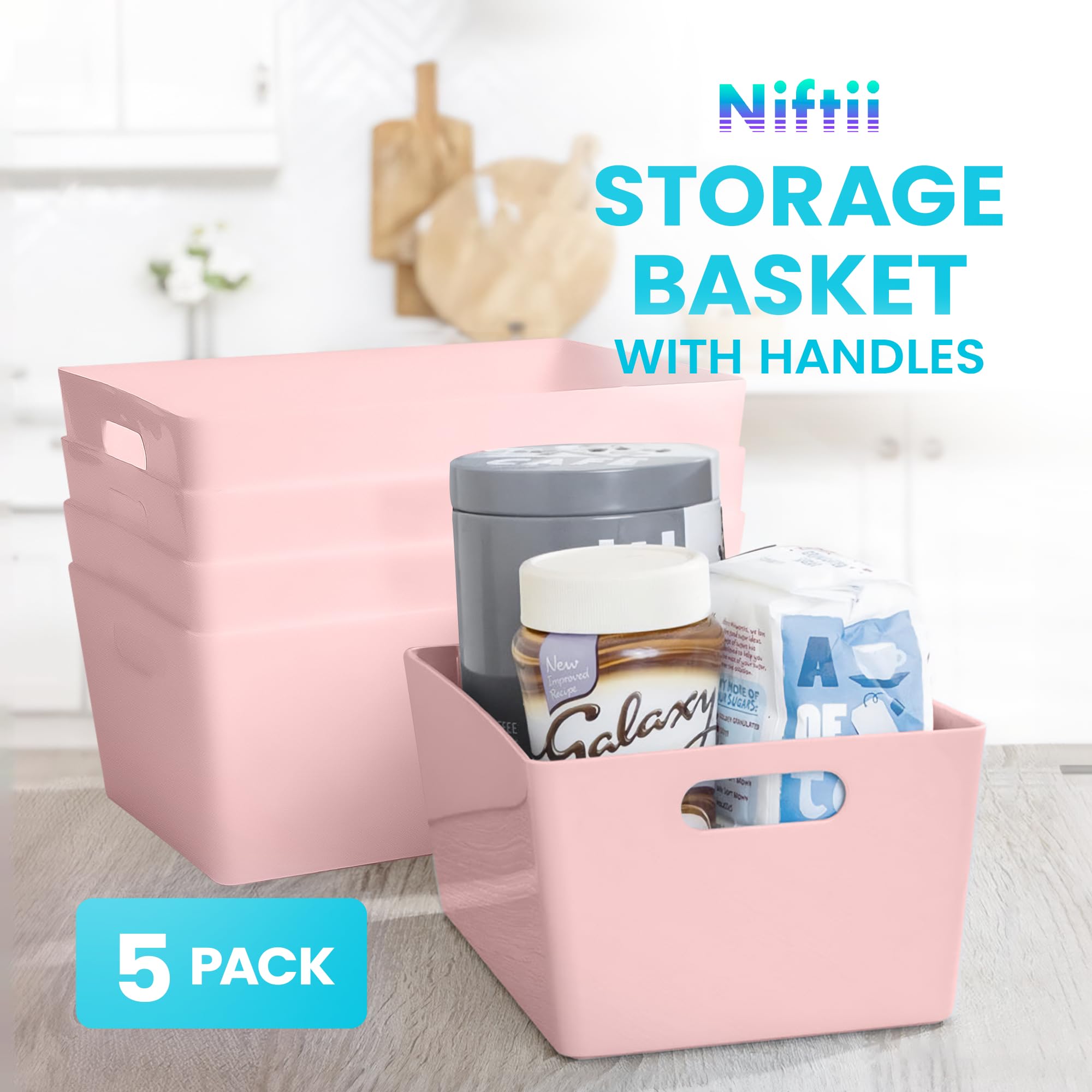 Niftii 5-Pack Plastic Shelf Baskets with Handles | 3.9L Capacity | Pink | Modern Style 2