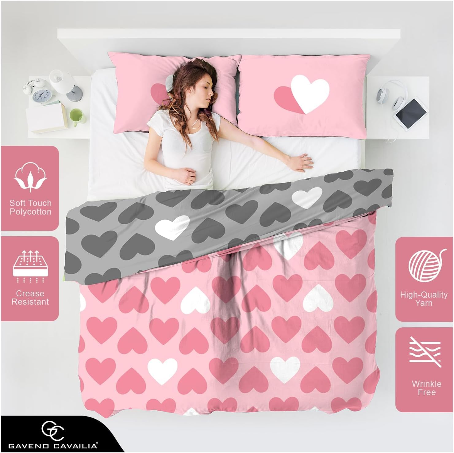 GC GAVENO CAVAILIA Heart Reversible Duvet Cover Set - King Size, Pink/Charcoal | 50% Cotton 2