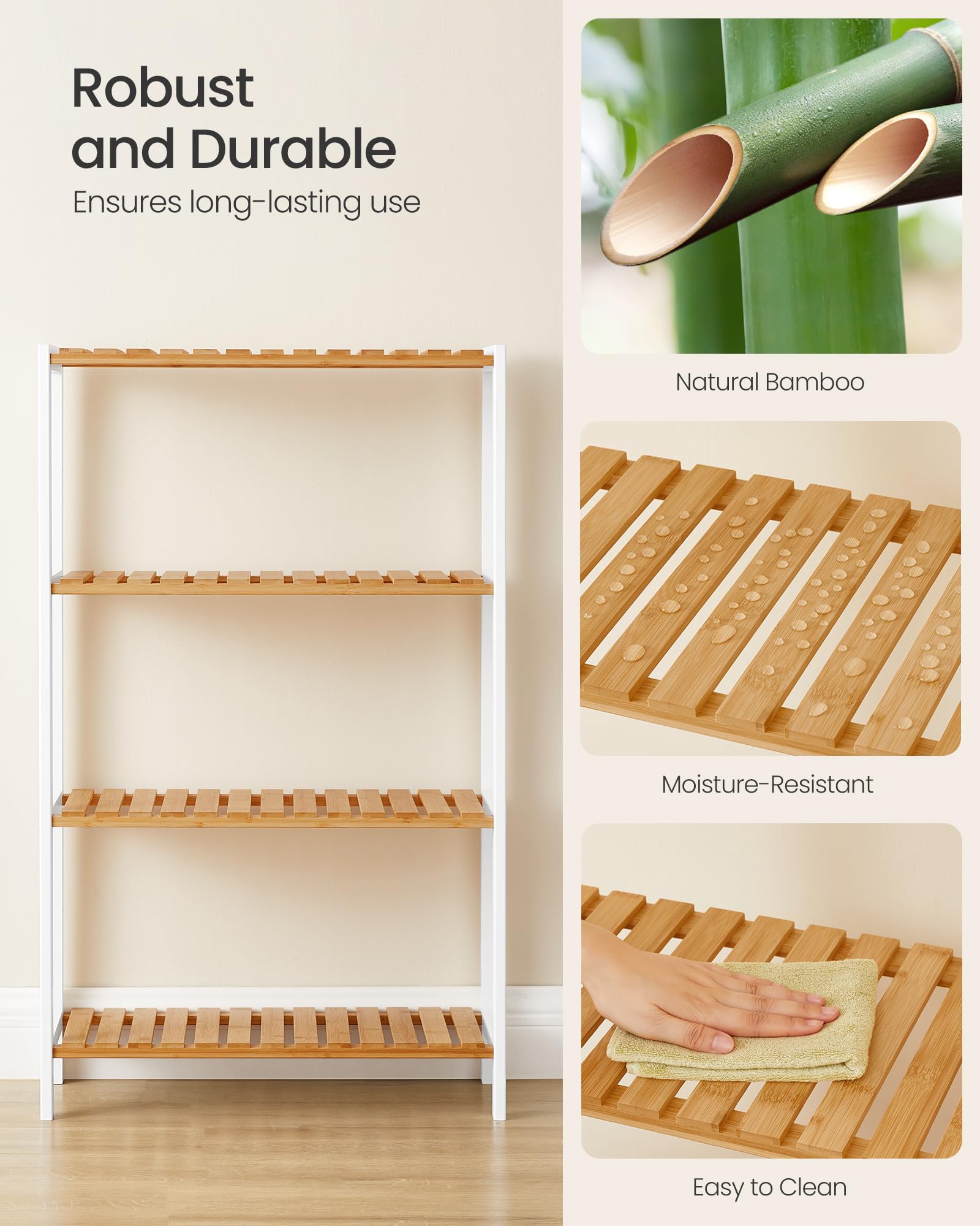 SONGMICS Bamboo Storage Shelf - 4-Tier Freestanding Unit | Natural + White | 60x26x100 cm 5