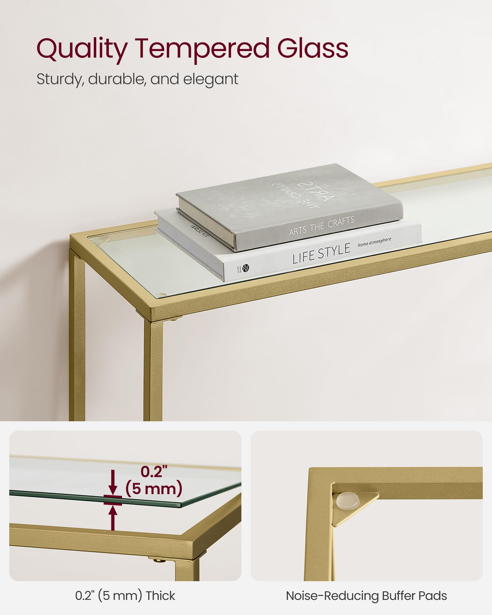 VASAGLE Console Table - Tempered Glass Top | Light Gold Metal Frame | 20x100x80 cm 6