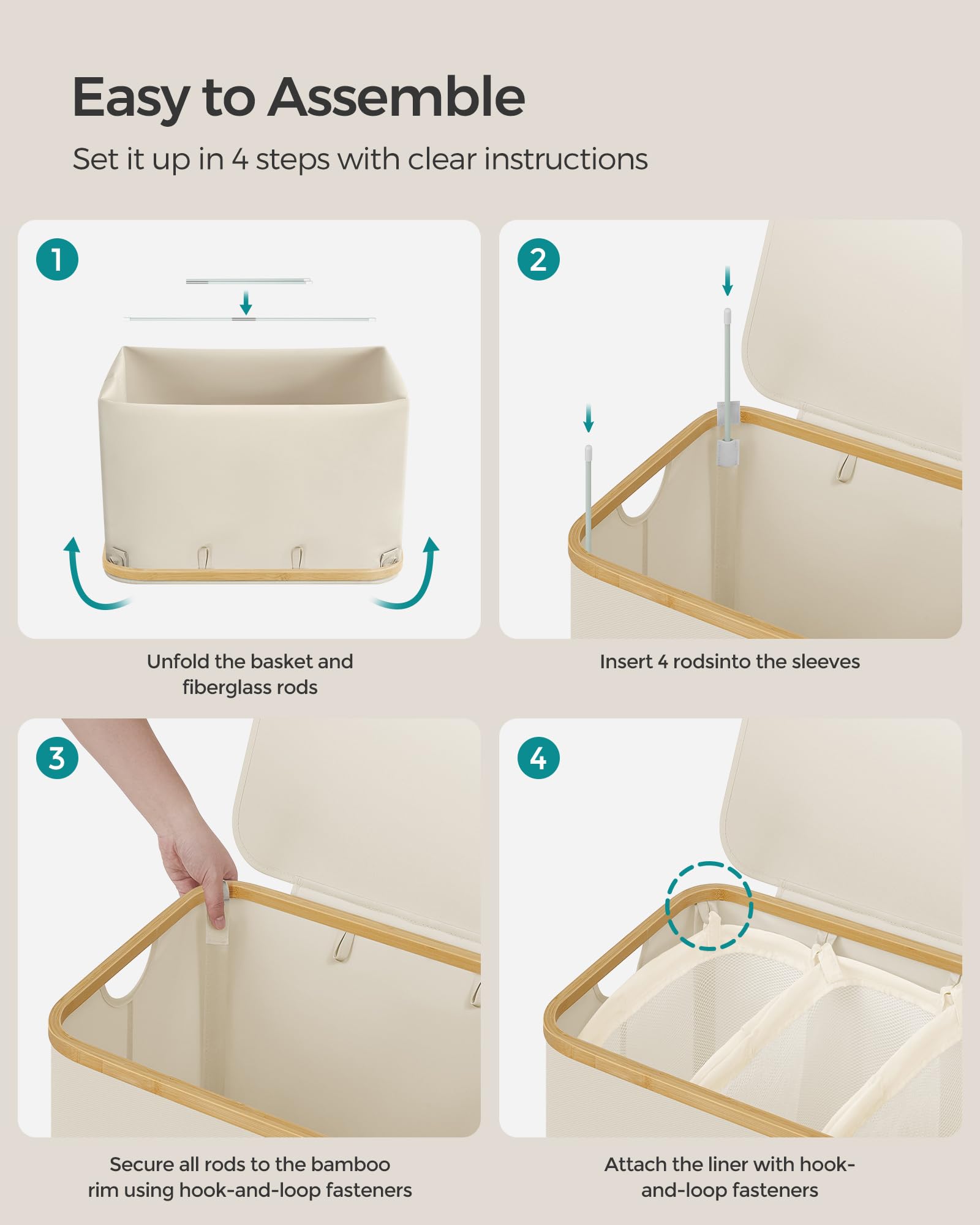 SONGMICS 3-Section Large Laundry Hamper with Lid, 150L Capacity, Collapsible, Cream White 8