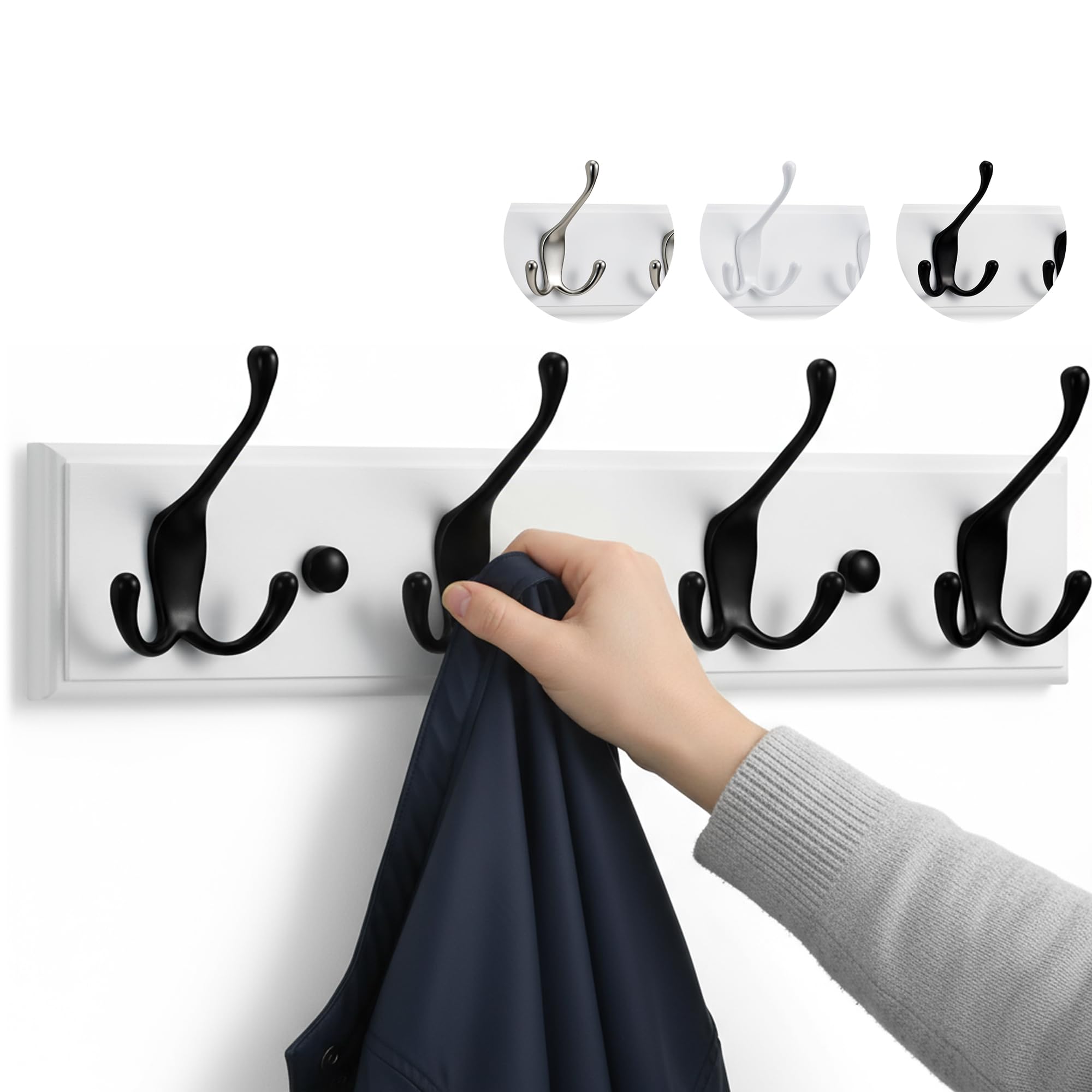 LARHN Wall Mounted Coat Rack - Heavy Duty Triple Hooks, Black Wood | 4 Hook Size