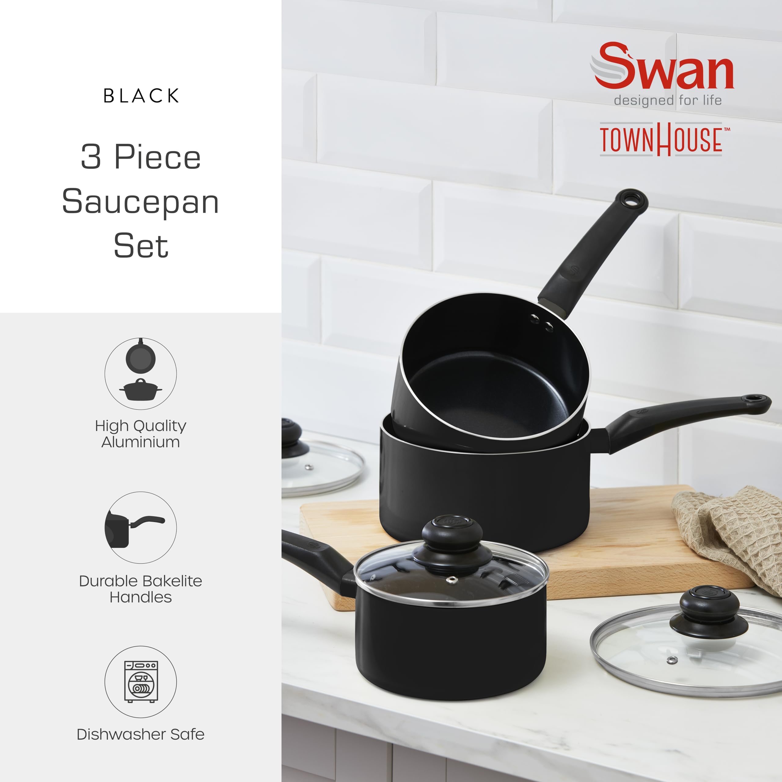 Swan Townhouse 3 Piece Saucepan Set with 16/18/20cm Pans | Non-Stick Ceramic | Dishwasher Safe