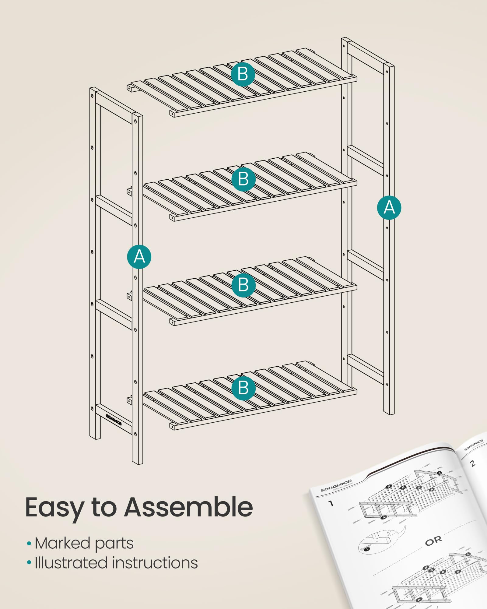 SONGMICS Bamboo Storage Shelf - 4-Tier Freestanding Unit | Natural + White | 60x26x100 cm 7