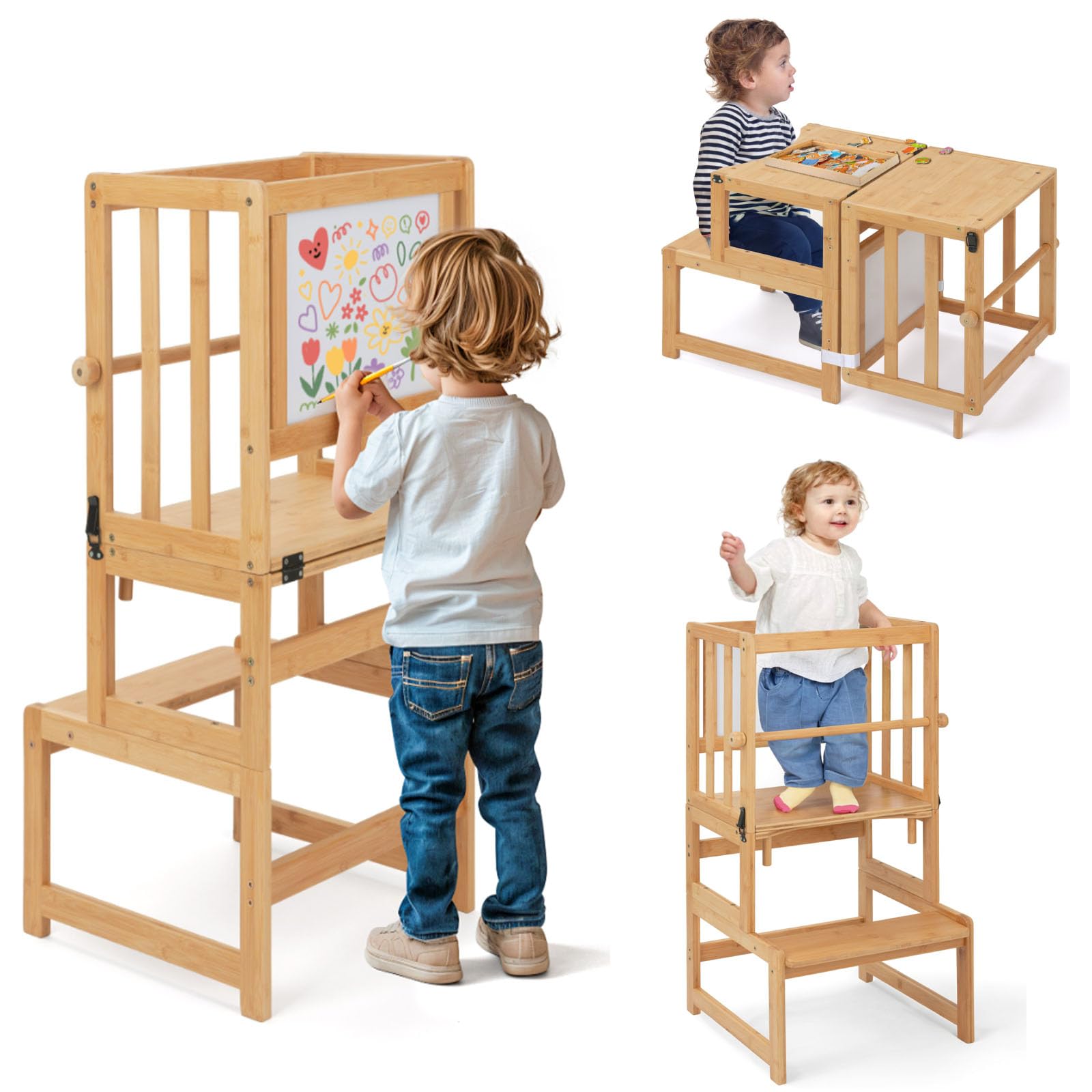 COSYLAND 3-in-1 Toddler Kitchen Stool Helper - Convertible Standing Tower | Bamboo | Supports 150 lbs