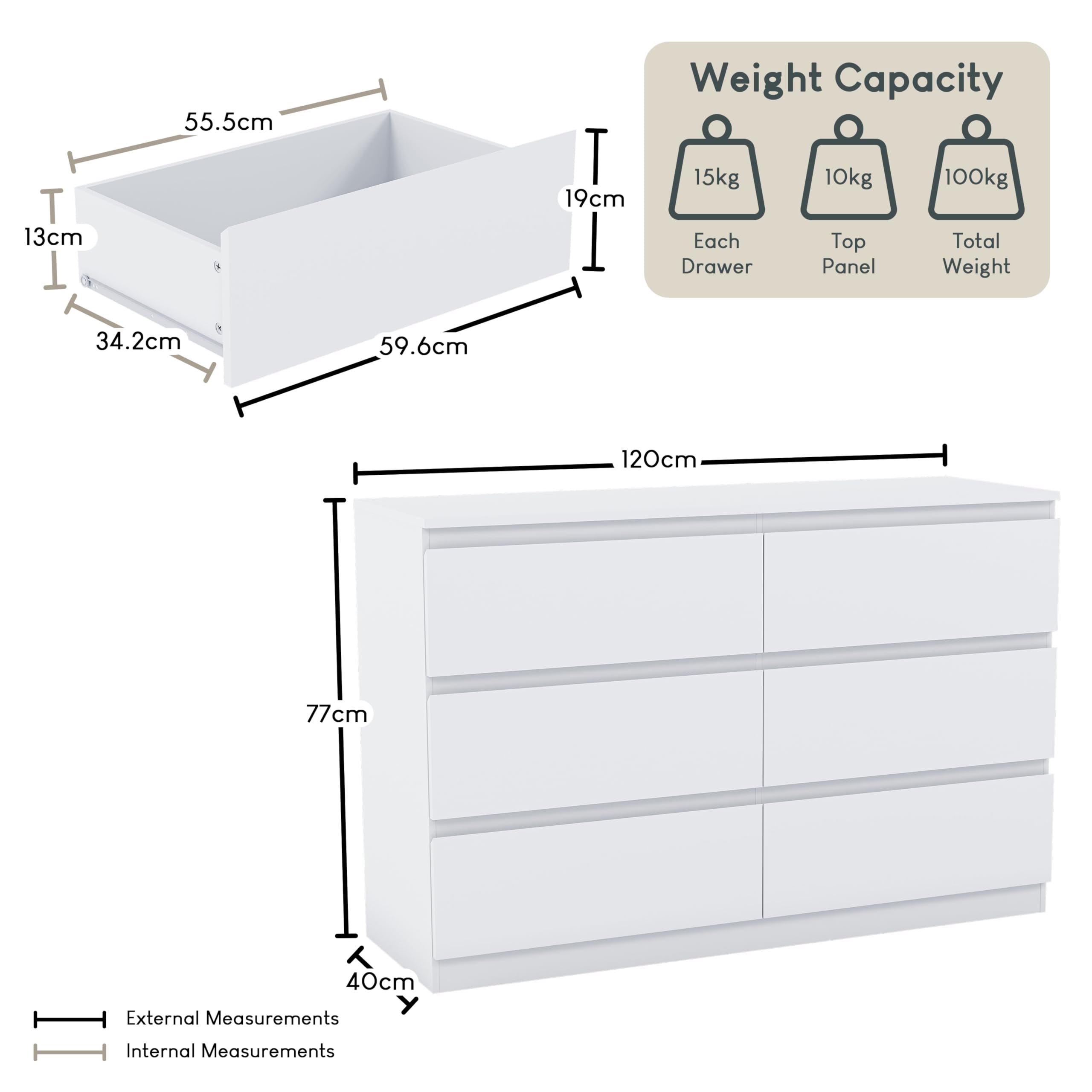 Vida Designs Denver 6 Drawer Chest of Drawers - White Wooden Storage Unit | 40D x 120W x 77H cm 2