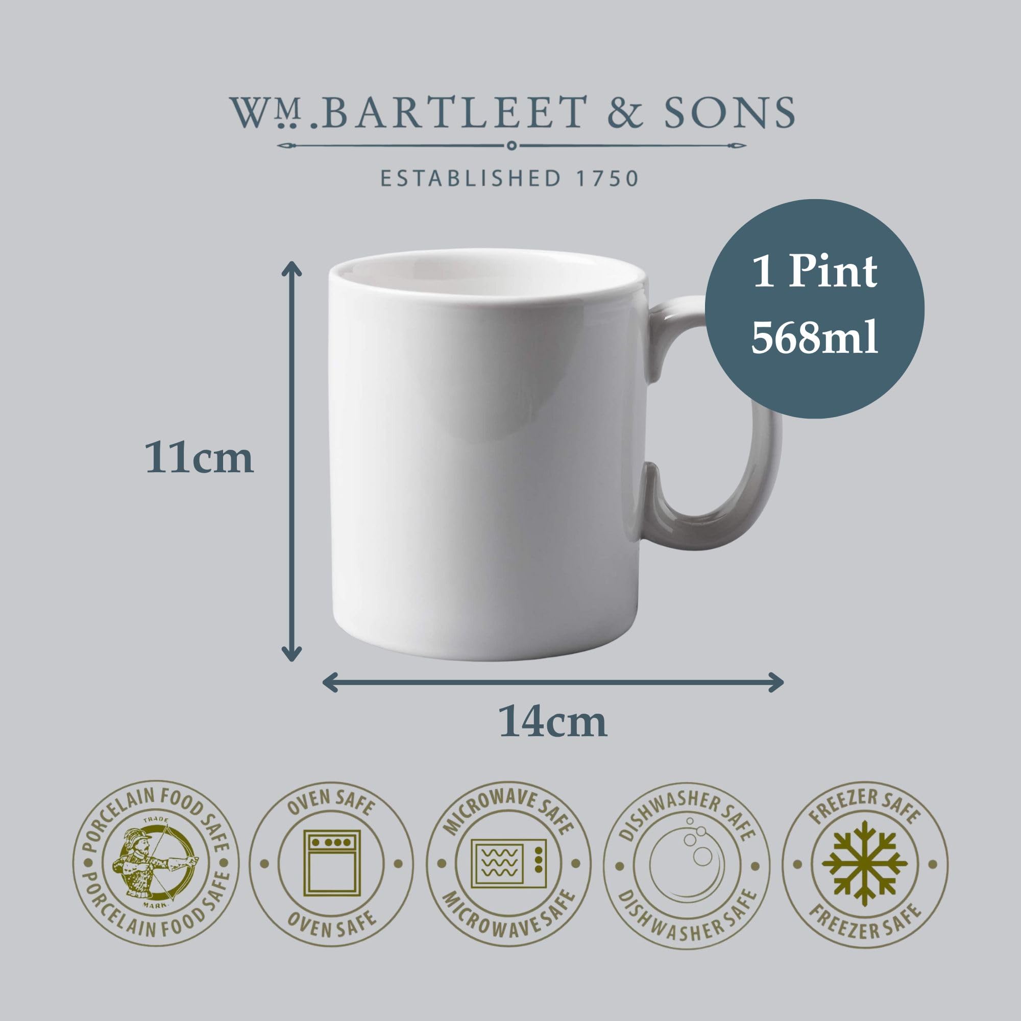WM Bartleet & Sons 1750 Porcelain Coffee Mug - 1 Pint (568ml) Large Capacity | Oven, Microwave & Freezer Safe 7