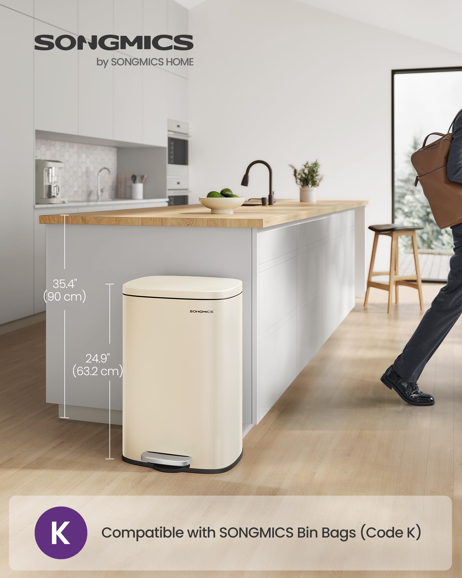 SONGMICS Kitchen Bin - 50 L Capacity | Soft Close Lid | Steel Construction | Sand Beige 3