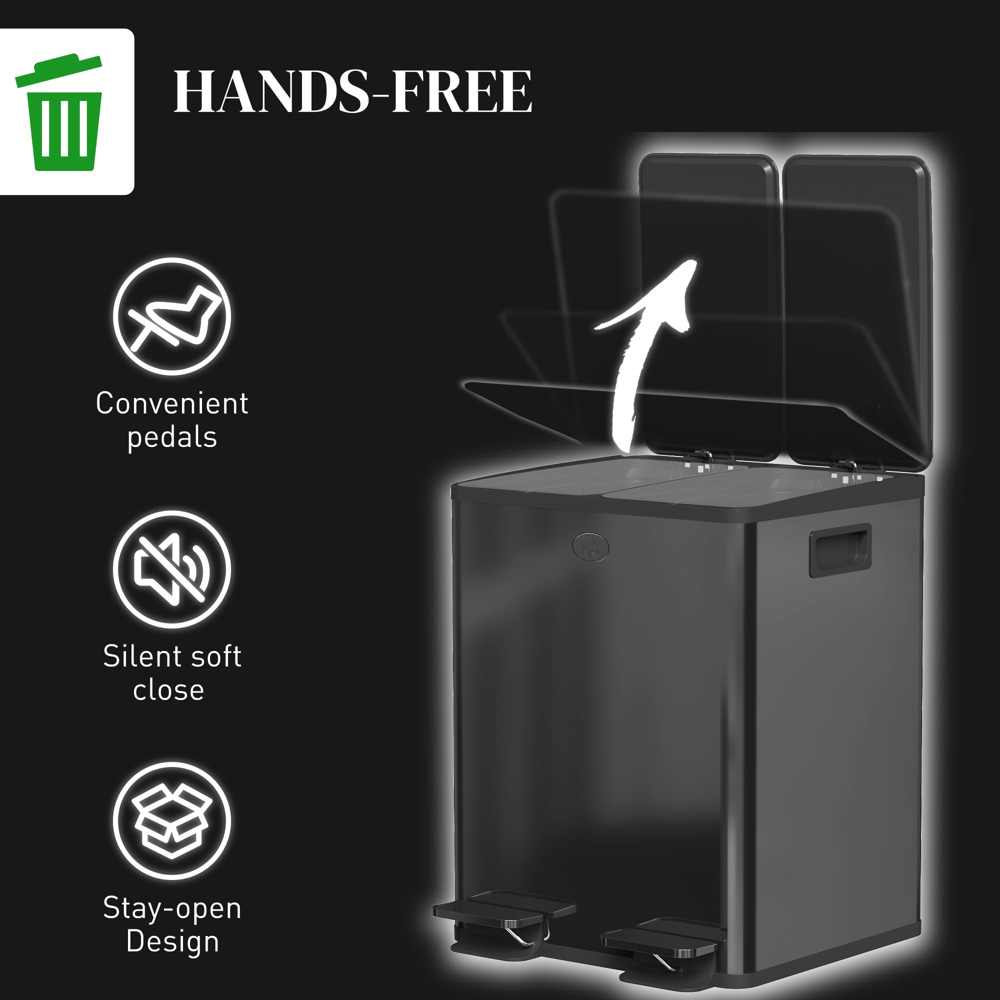 HOMCOM Dual Kitchen Recycling Bin - 2 x 20L Capacity | Stainless Steel | Pedal Opening 6