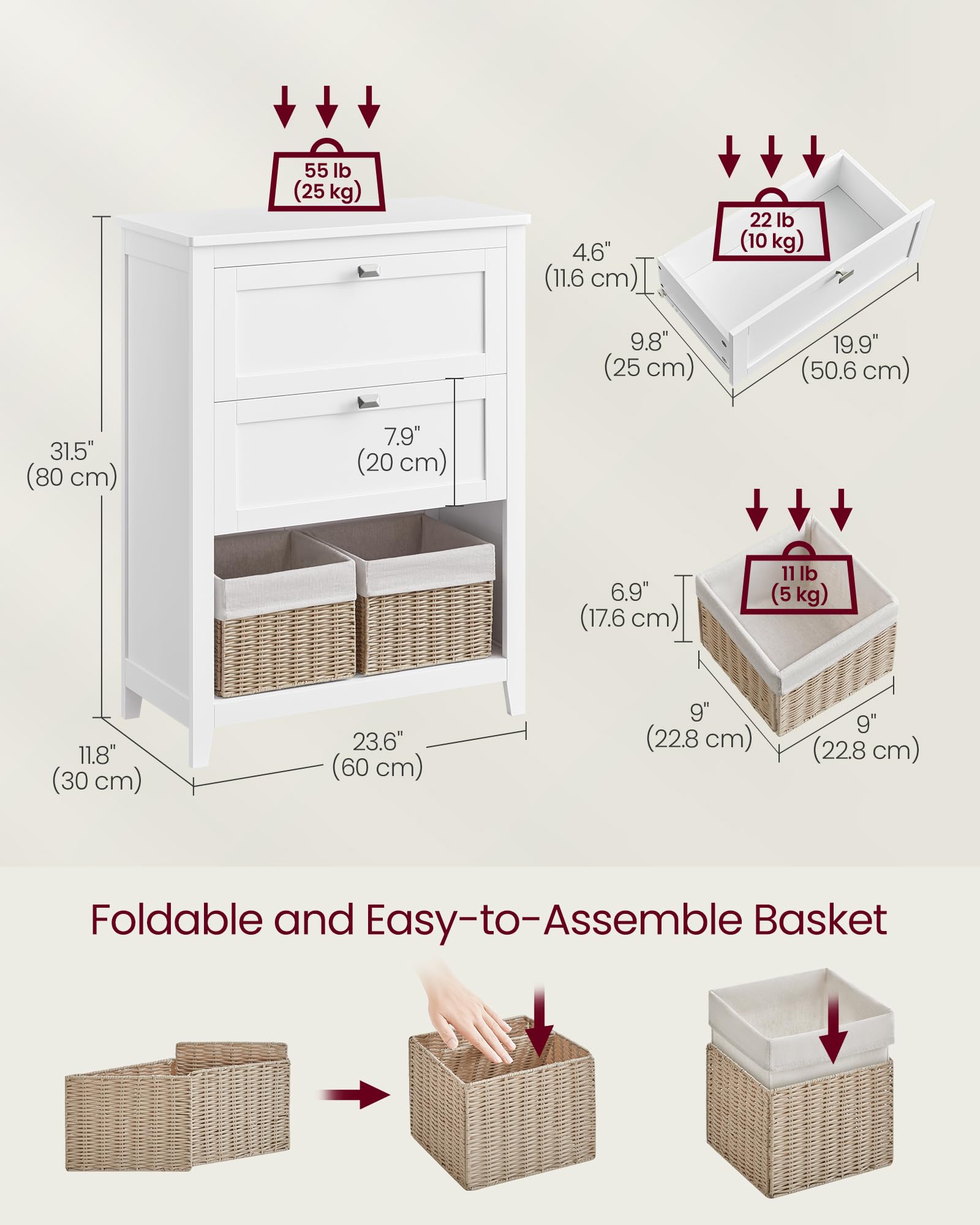 VASAGLE Bathroom Floor Cabinet - Cloud White | 2 Drawers, 1 Shelf, Rattan Baskets | 30x60x80 cm 3