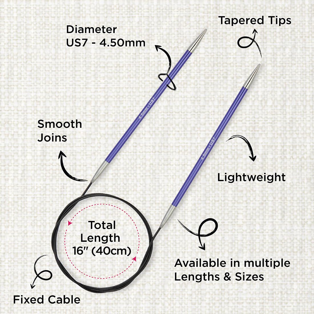 KnitPro Zing Fixed Circular Knitting Needles - 4.50mm Size, 40cm Length | Lightweight Aluminium 3