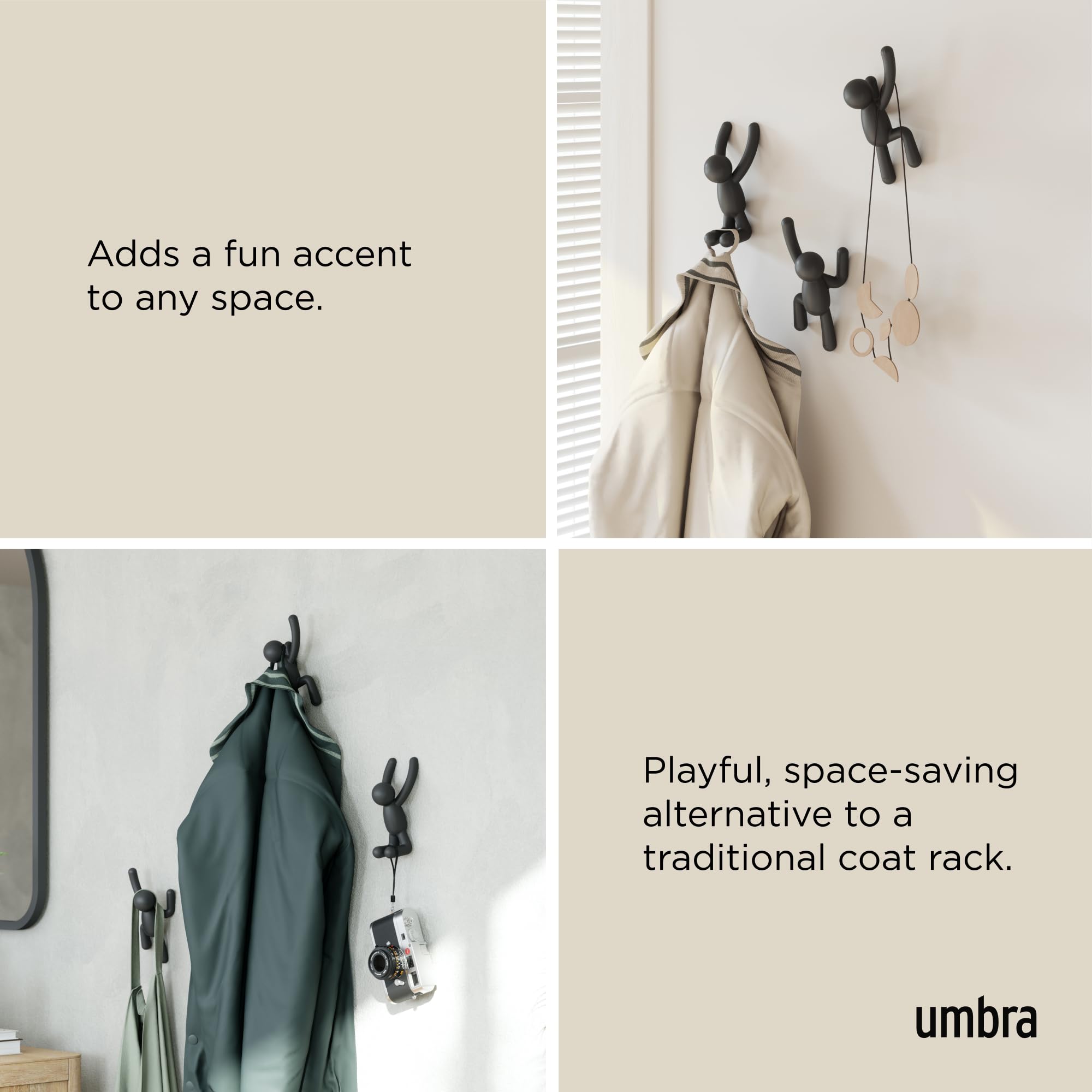 Umbra Buddy Wall Hooks - Decorative Coat Hooks for Coats, Scarves, Bags | Set of 3, Black 4