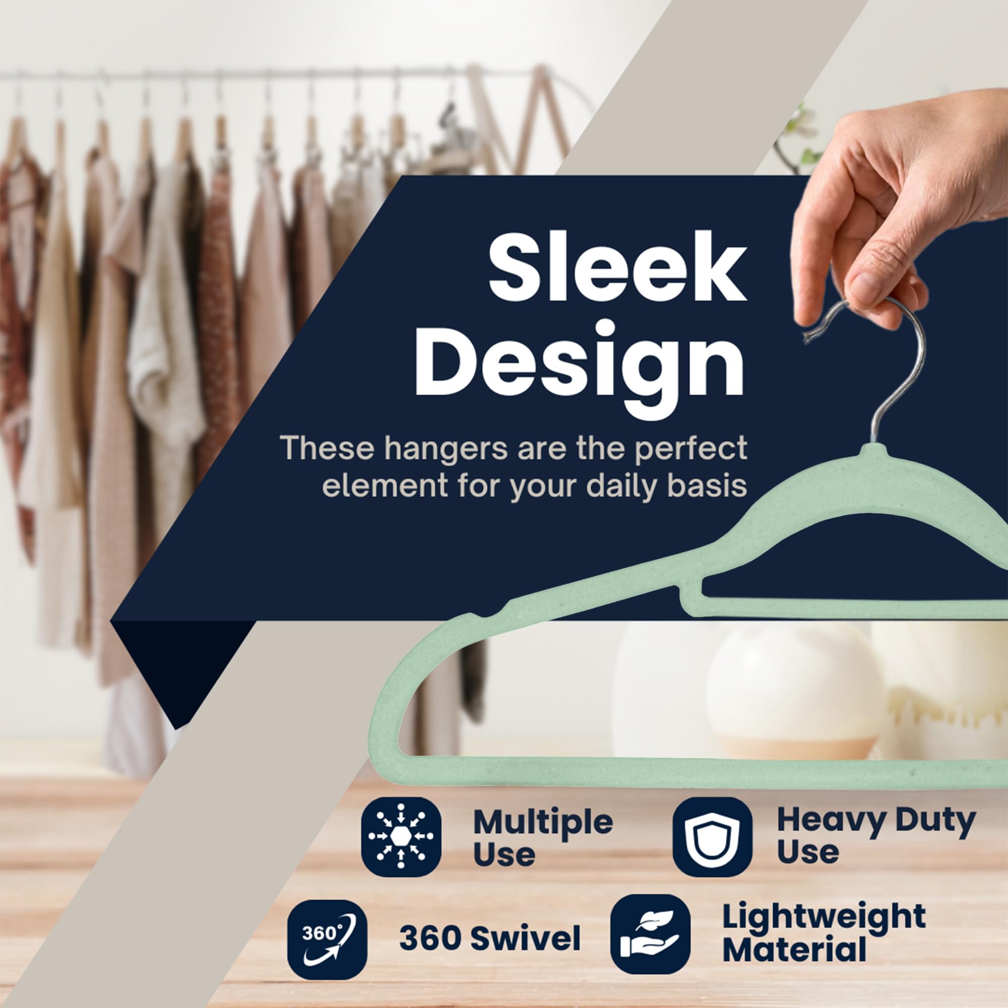 Sasha Morel Velvet Coat Hangers - 50 Pack Non-Slip Space Saving with Swivel Hooks | Mint Green 3