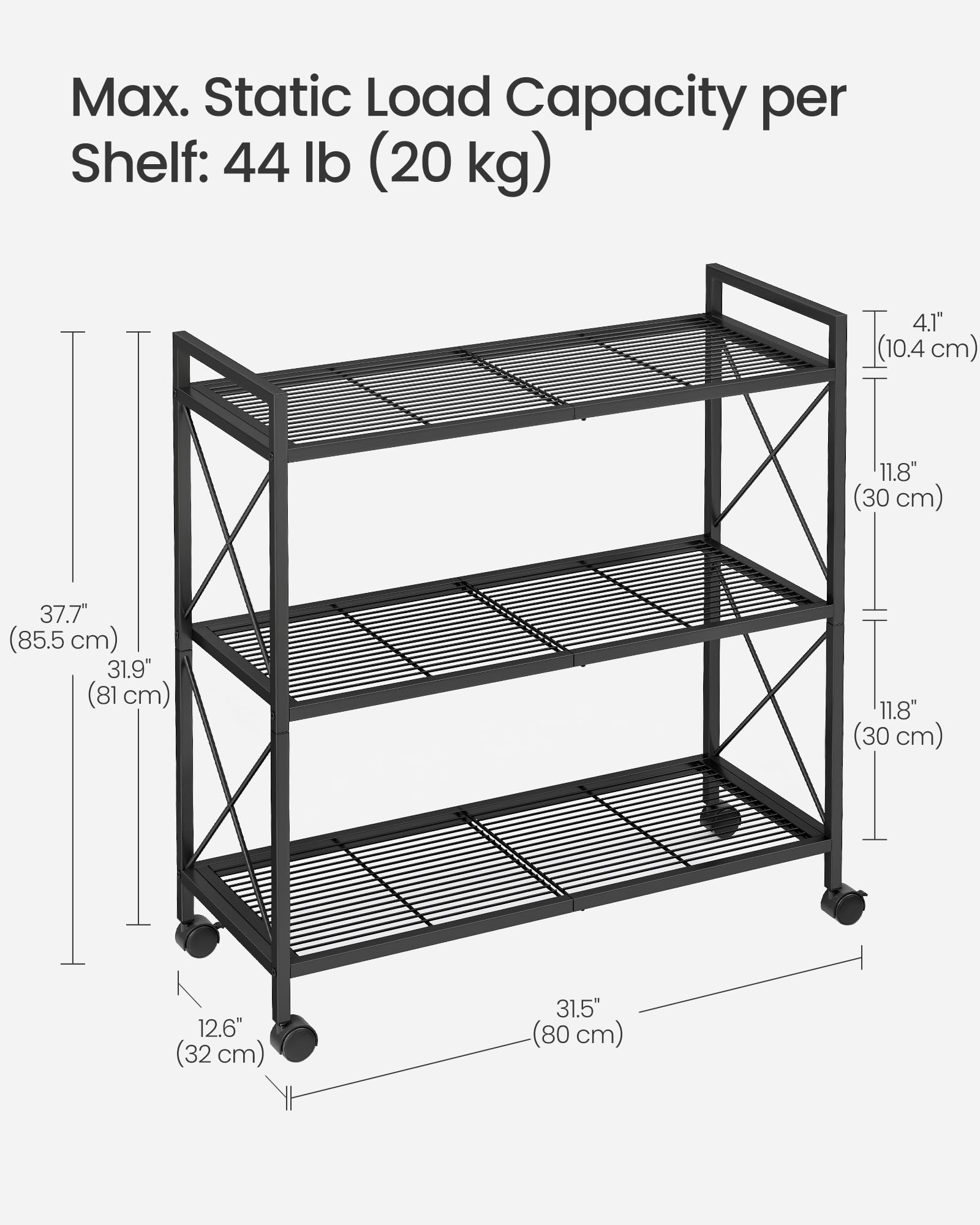 SONGMICS 3-Tier Metal Shelving Unit on Wheels | Heavy Duty | Adjustable Feet | Ink Black