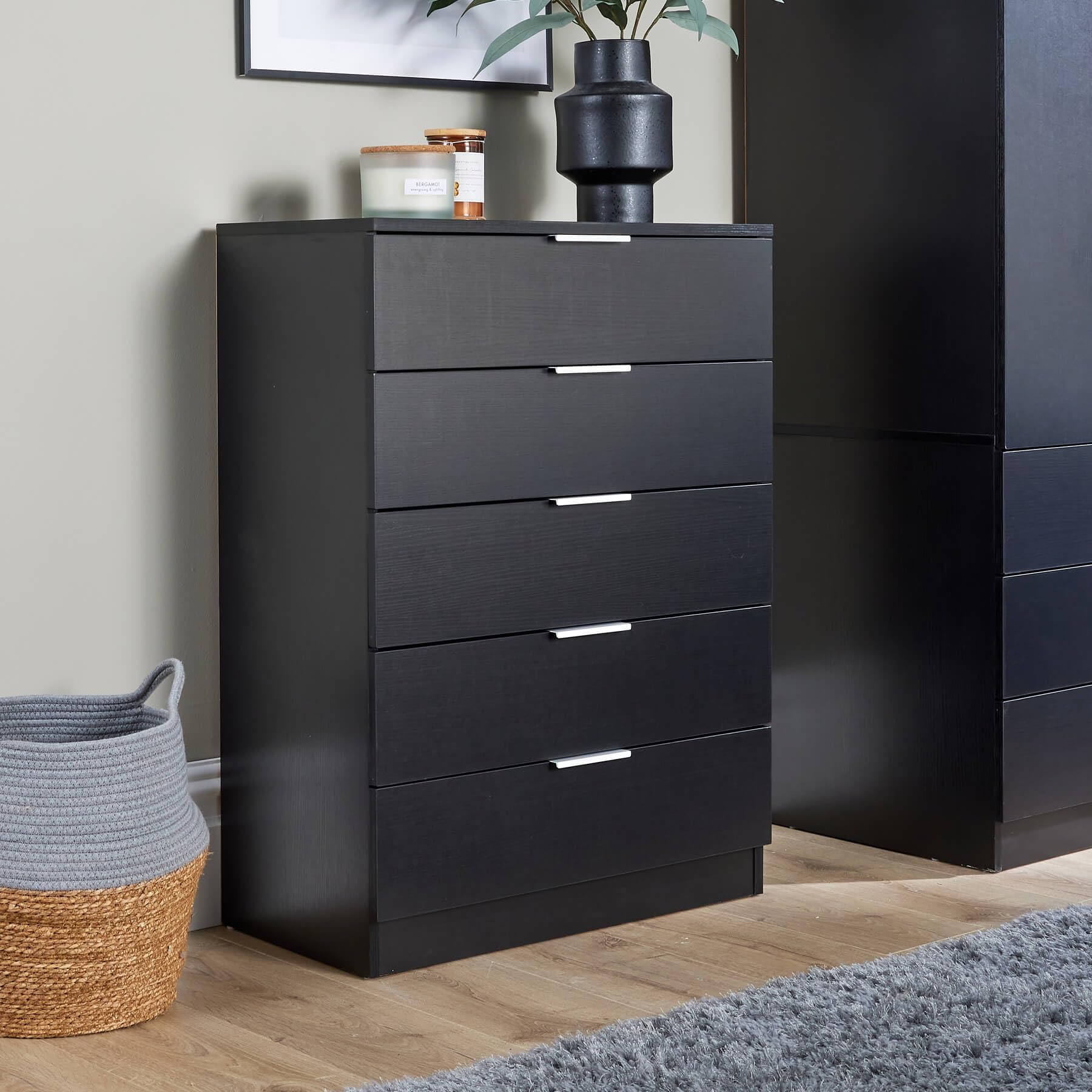 Home Source Phoenix Tall 5 Drawer Chest of Drawers - Black | 90H x 63W x 35D cm 2