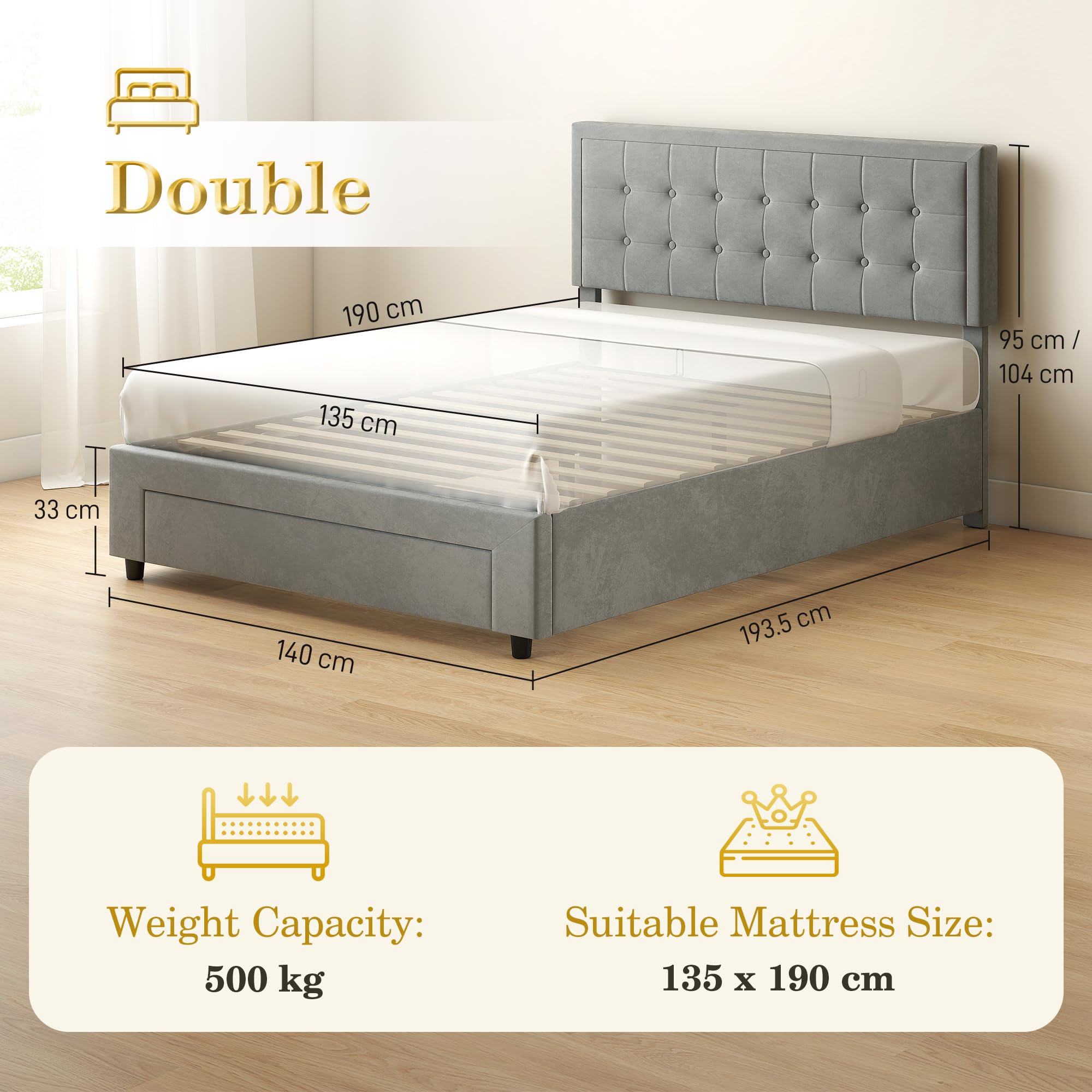 HOMCOM Upholstered Ottoman Bed Frame - Grey Double with Storage Drawer & Adjustable Headboard 7
