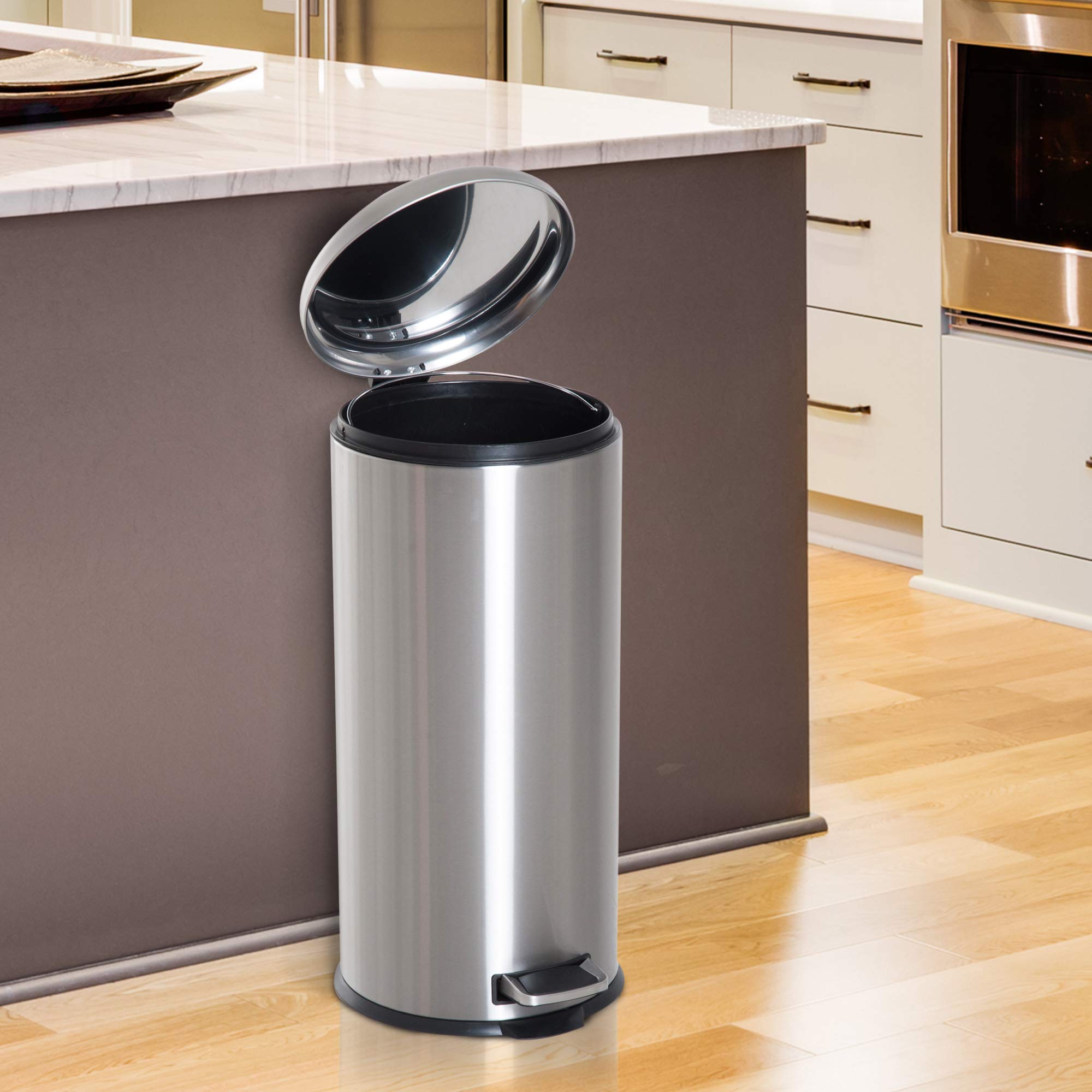 HOMCOM 30L Foot Pedal Bin - Fingerprint Proof Stainless Steel Kitchen Waste Can | Black/Silver