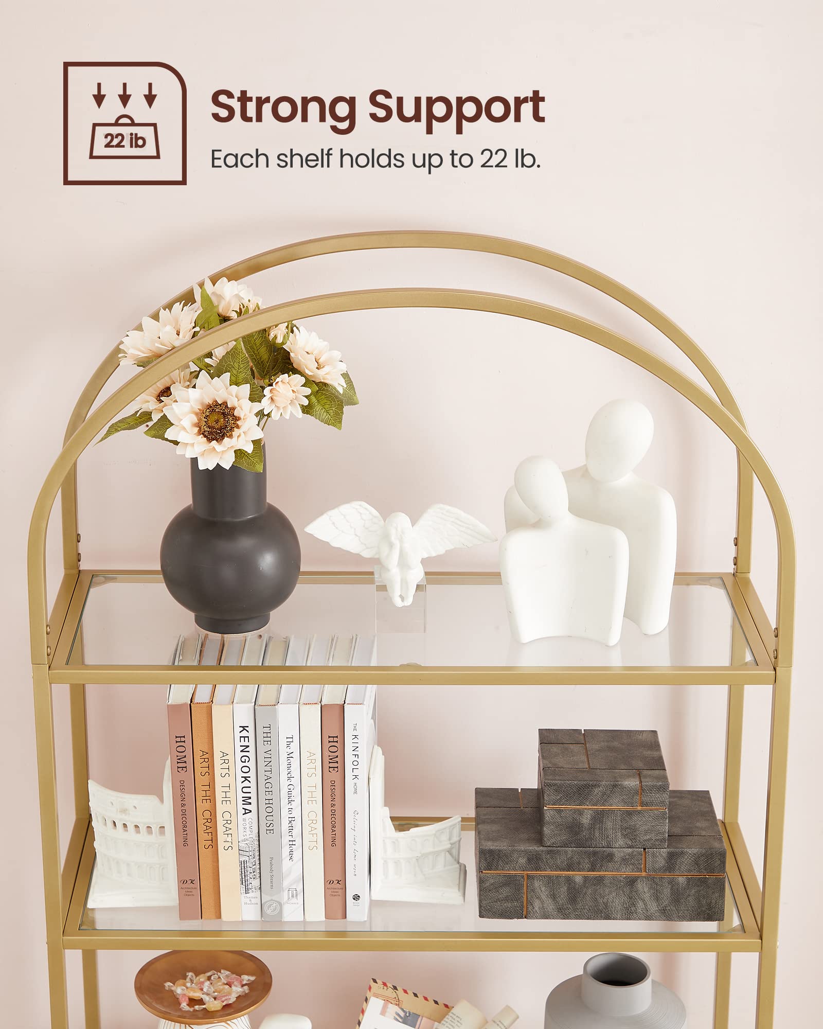 VASAGLE 5 Tier Shelving Unit - Tempered Glass Shelves | Gold Steel Frame | 83W cm 5