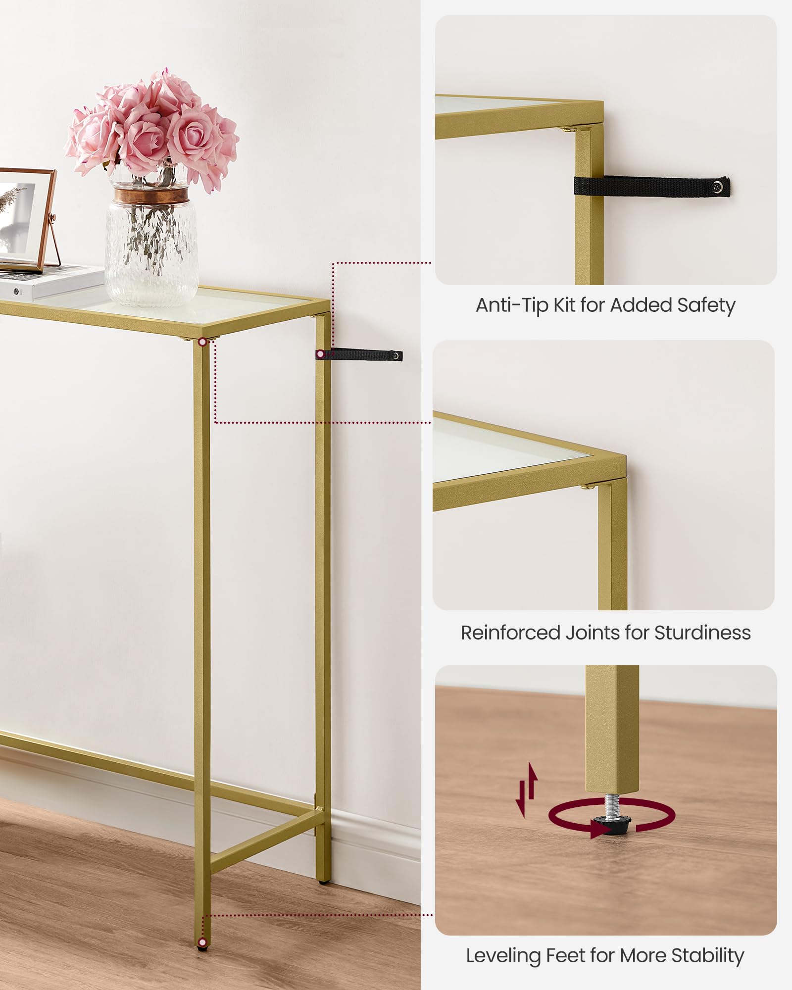 VASAGLE Console Table - Tempered Glass Top | Light Gold Metal Frame | 20x100x80 cm 7
