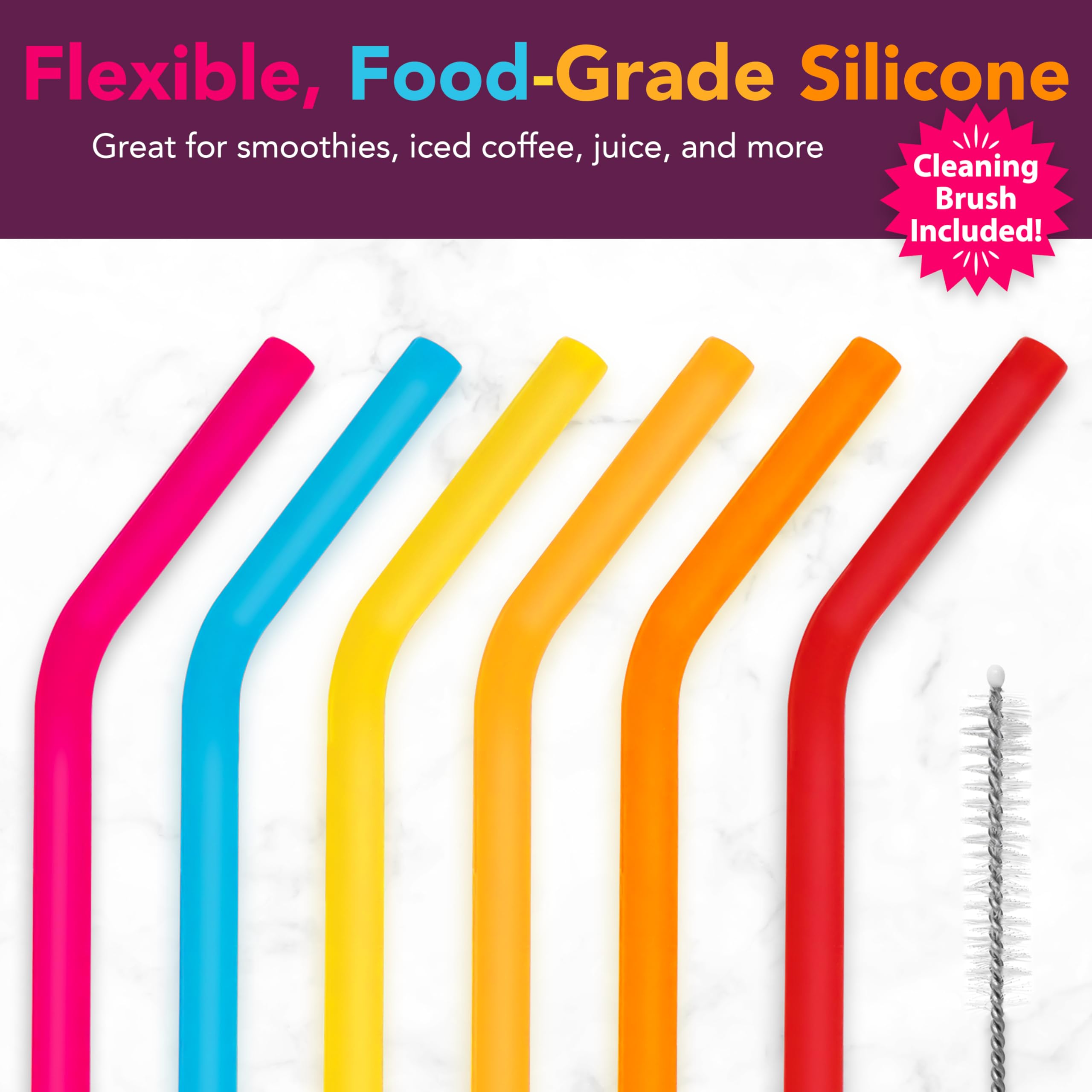 Joie Reusable Silicone Straws - Set of 6 with Cleaning Brush | Rainbow | BPA-Free 3