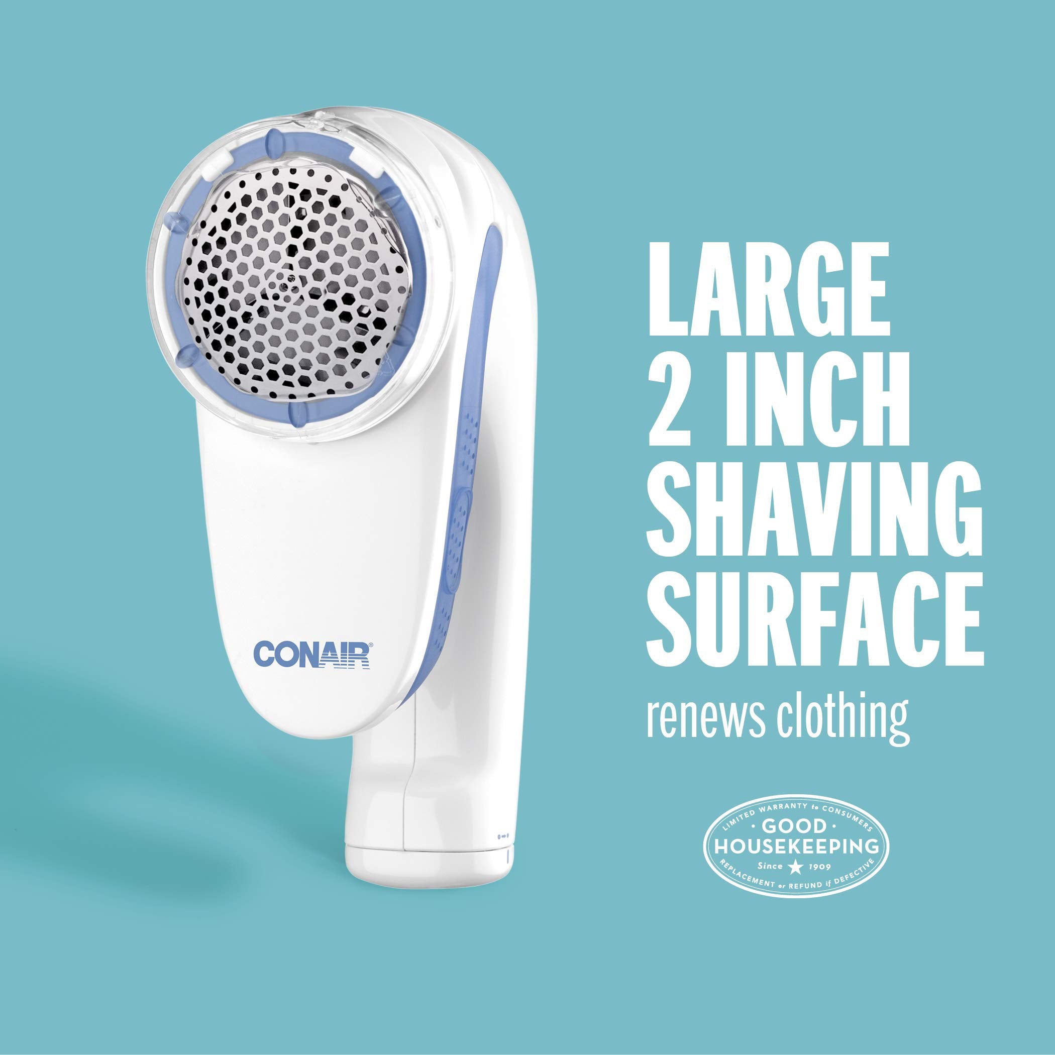 Conair Fabric Shaver - Battery Operated | Large 2" Head | 3 Depth Settings | White/Blue 5