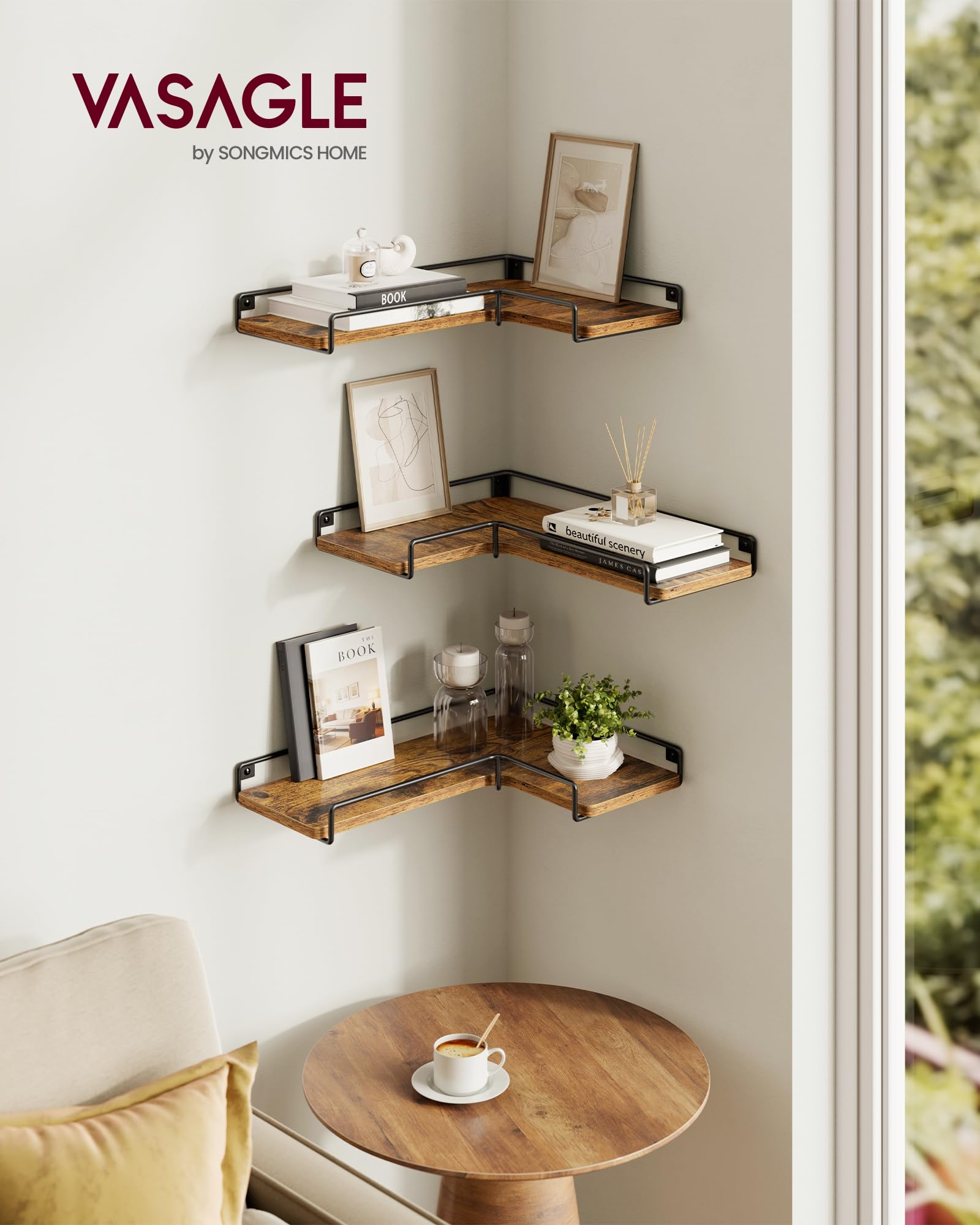 VASAGLE Floating Corner Shelves - Set of 3, Rustic Brown & Black, Industrial Style | Max Load 11 lb 2
