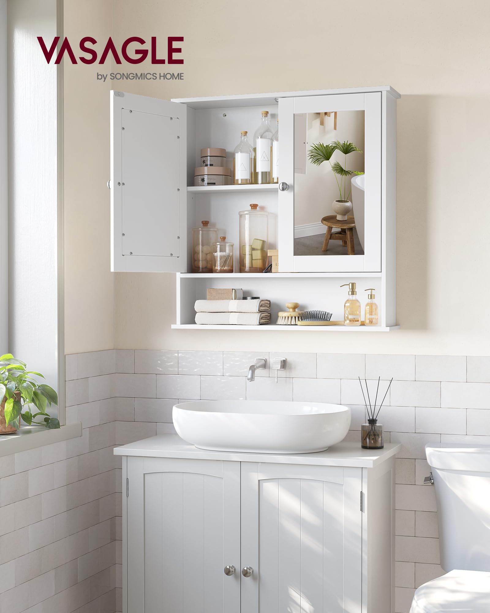 VASAGLE Bathroom Mirror Cabinet with 2 Mirrored Doors and Adjustable Shelf | White | 15 x 65 x 75 cm 2