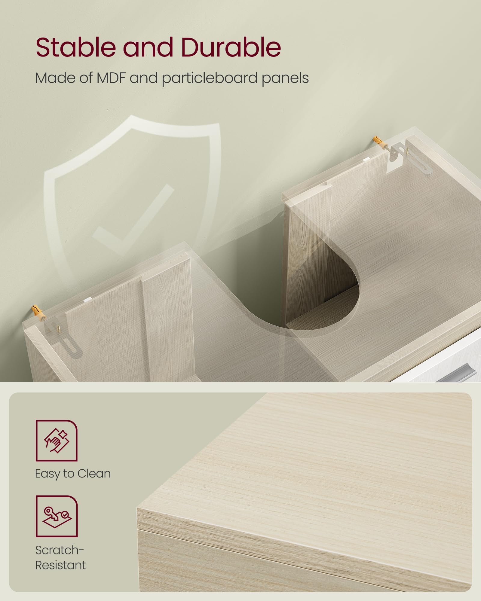 VASAGLE Under Sink Bathroom Cabinet - 3 Drawers, Adjustable Shelf | Cloud White + Natural Beige 6